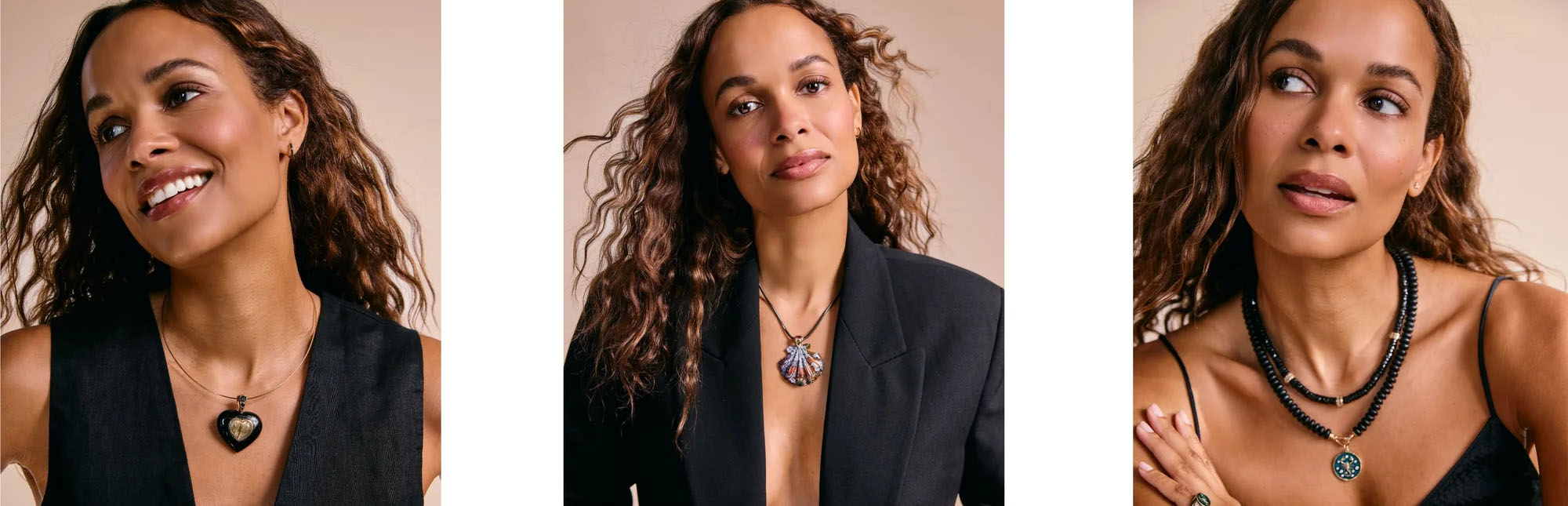 What’s New collection image featuring a model wearing layered Kate Collins Jewelry necklaces, highlighting the latest fine jewelry arrivals in a clean, editorial style