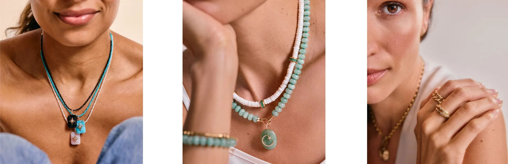 Kate’s Favorites collection image featuring a model wearing layered necklaces and bracelets, showcasing a curated selection of Kate Collins Jewelry