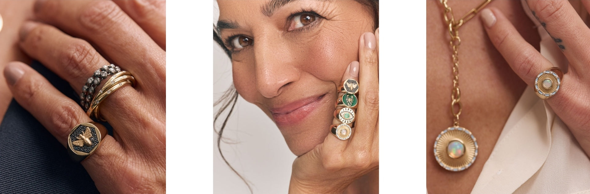 Best selling jewelry collection featuring models wearing customer-favorite necklaces and pendants in a clean editorial setting