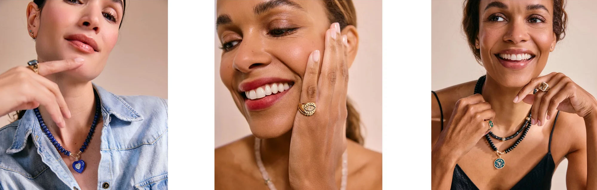 Best selling jewelry collection featuring models wearing customer-favorite necklaces and pendants in a clean editorial setting