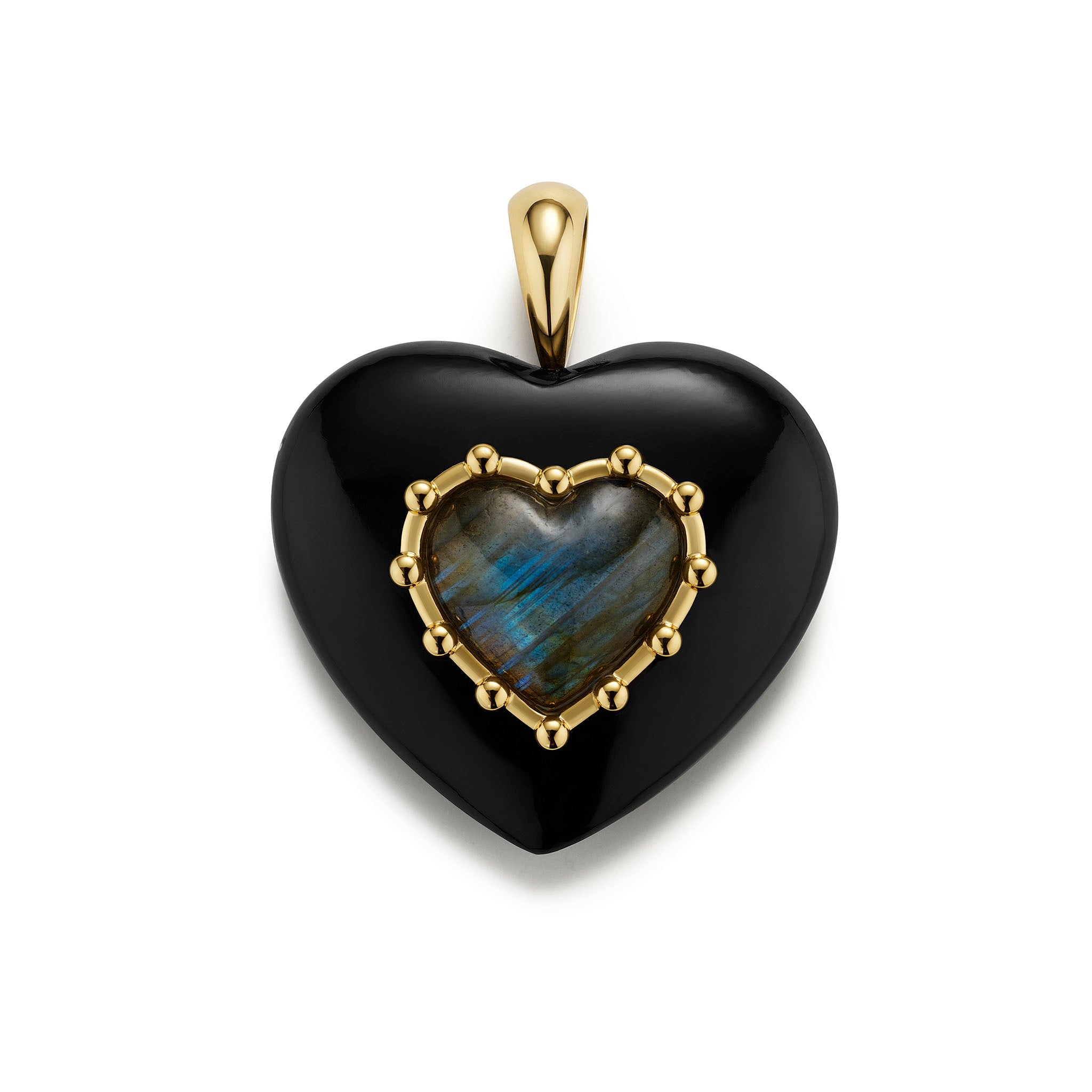 Heart-shaped pendant with black stone and gold accents on a white background