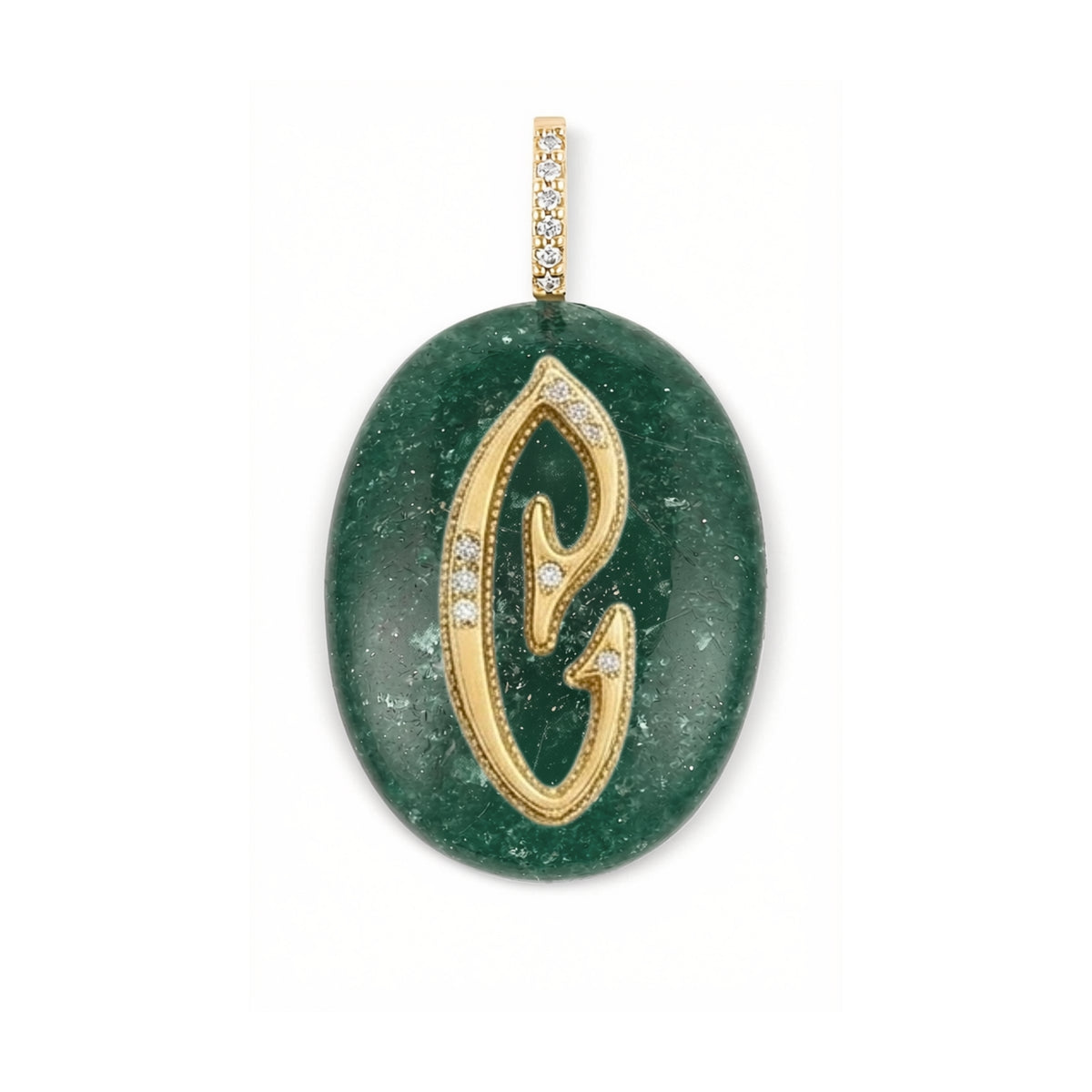 Large Oval Cabochon Monogram Pendant-Green Aventurine
