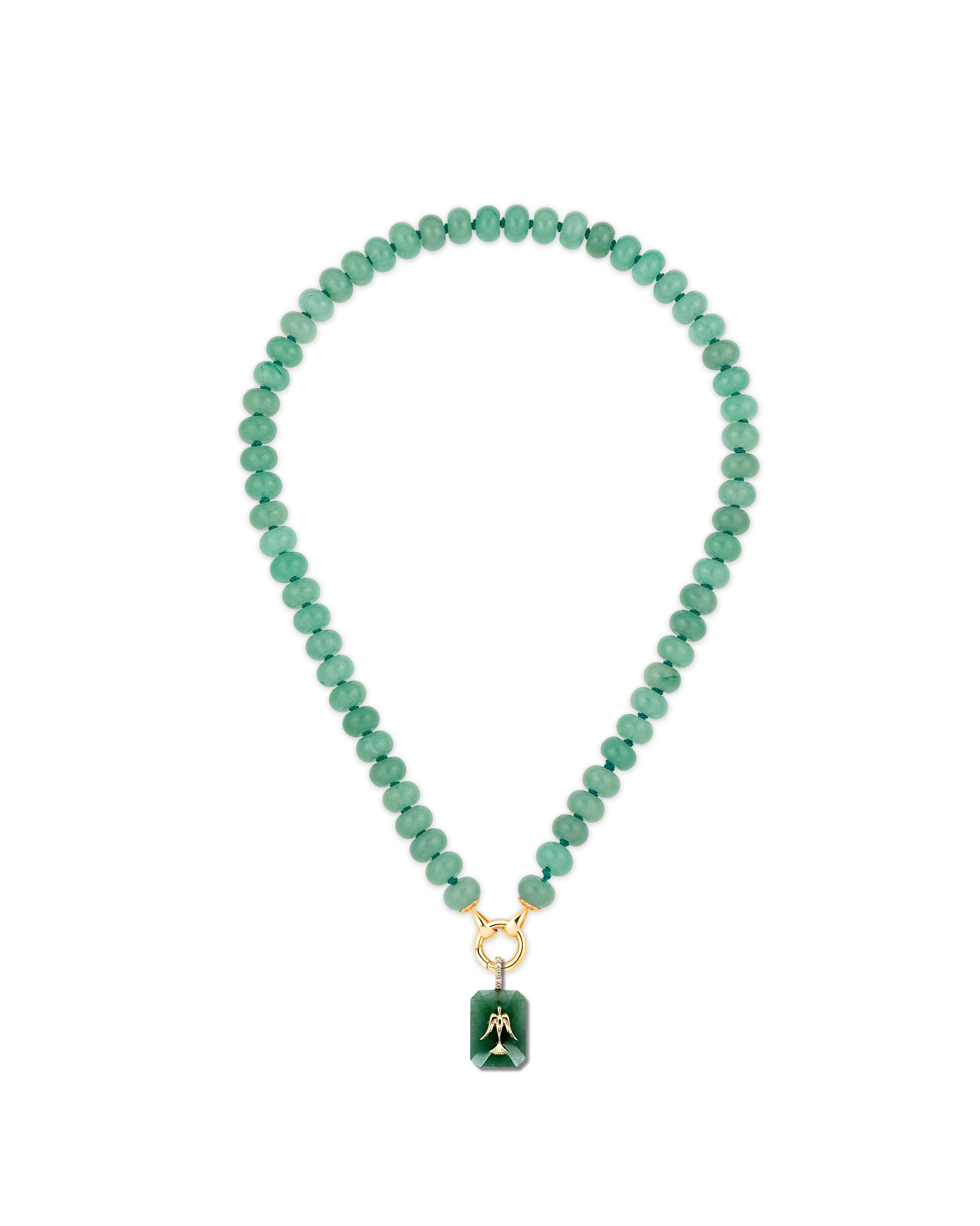 Green beaded necklace with a pendant on a white background