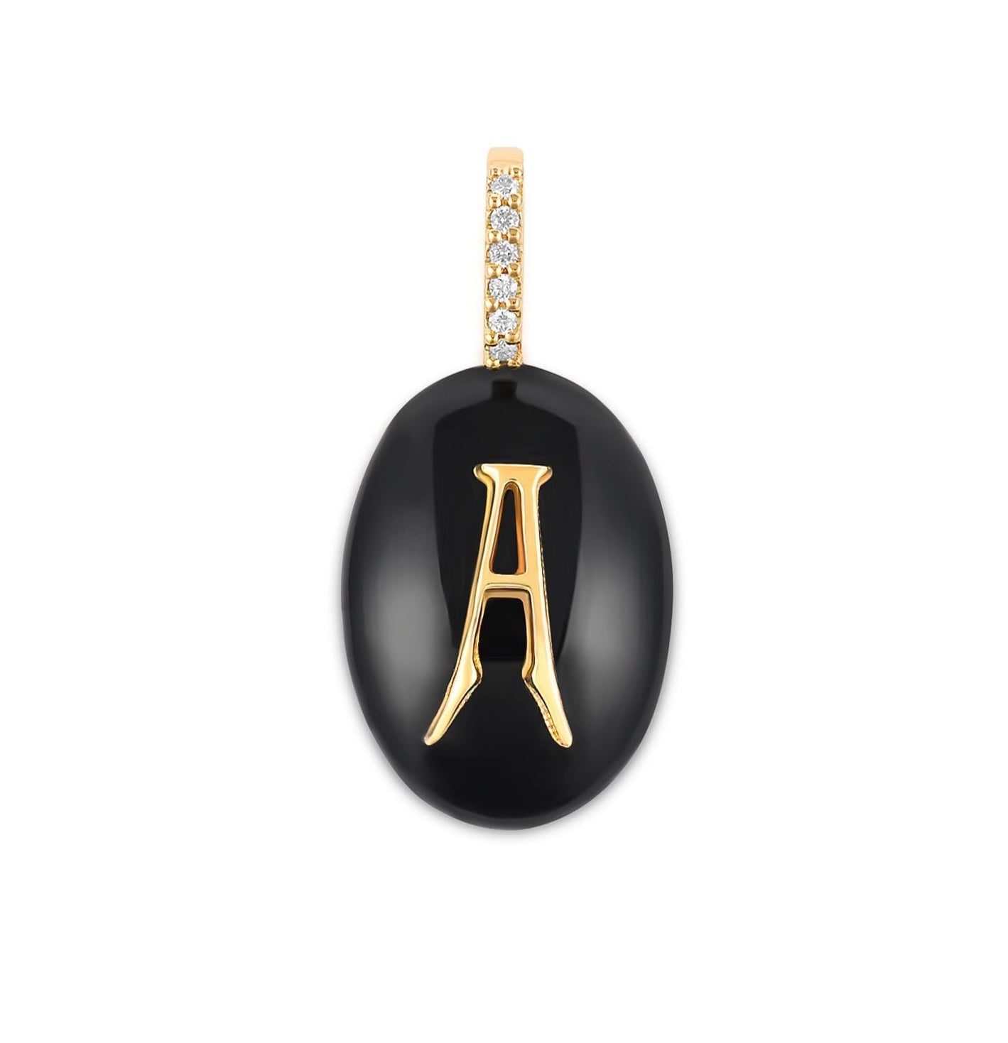 Small oval black onyx cabochon monogram pendant with gold initial and diamond pavé bail