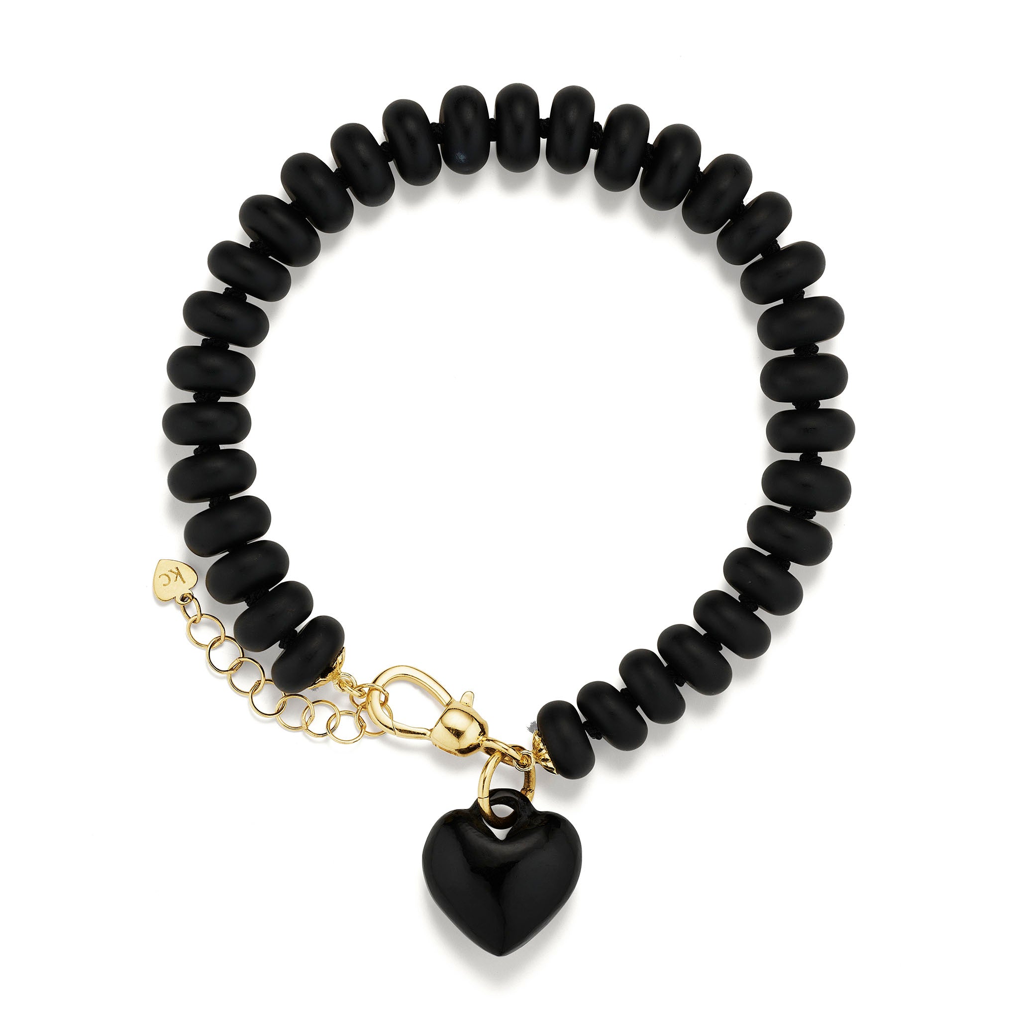 Rondelle Bead Bracelet in black onyx with puffy heart charm