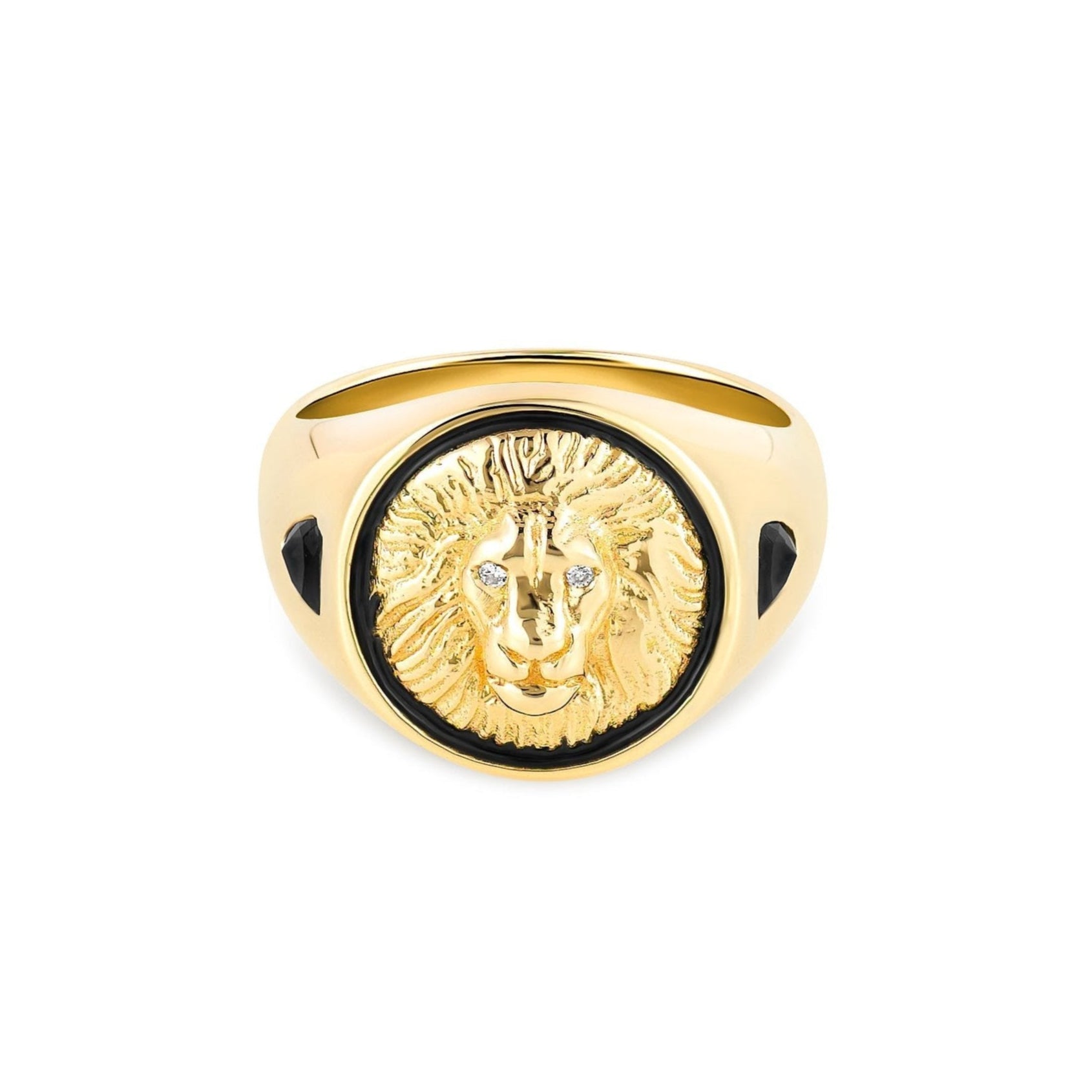 Gold lion signet ring with embossed lion and diamond eyes