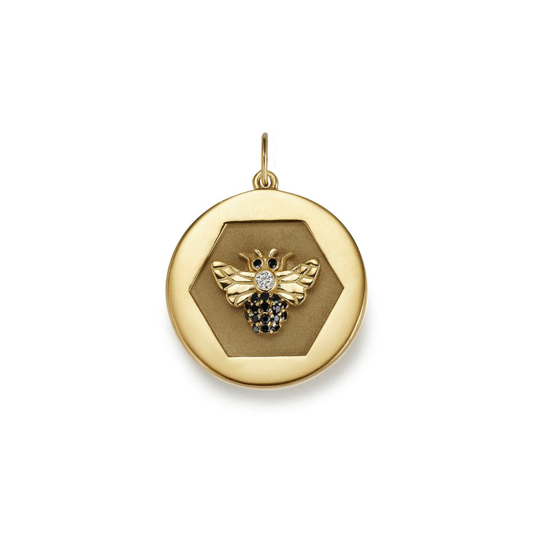 14k gold Diamond Bee Abundance Pendant with black diamonds