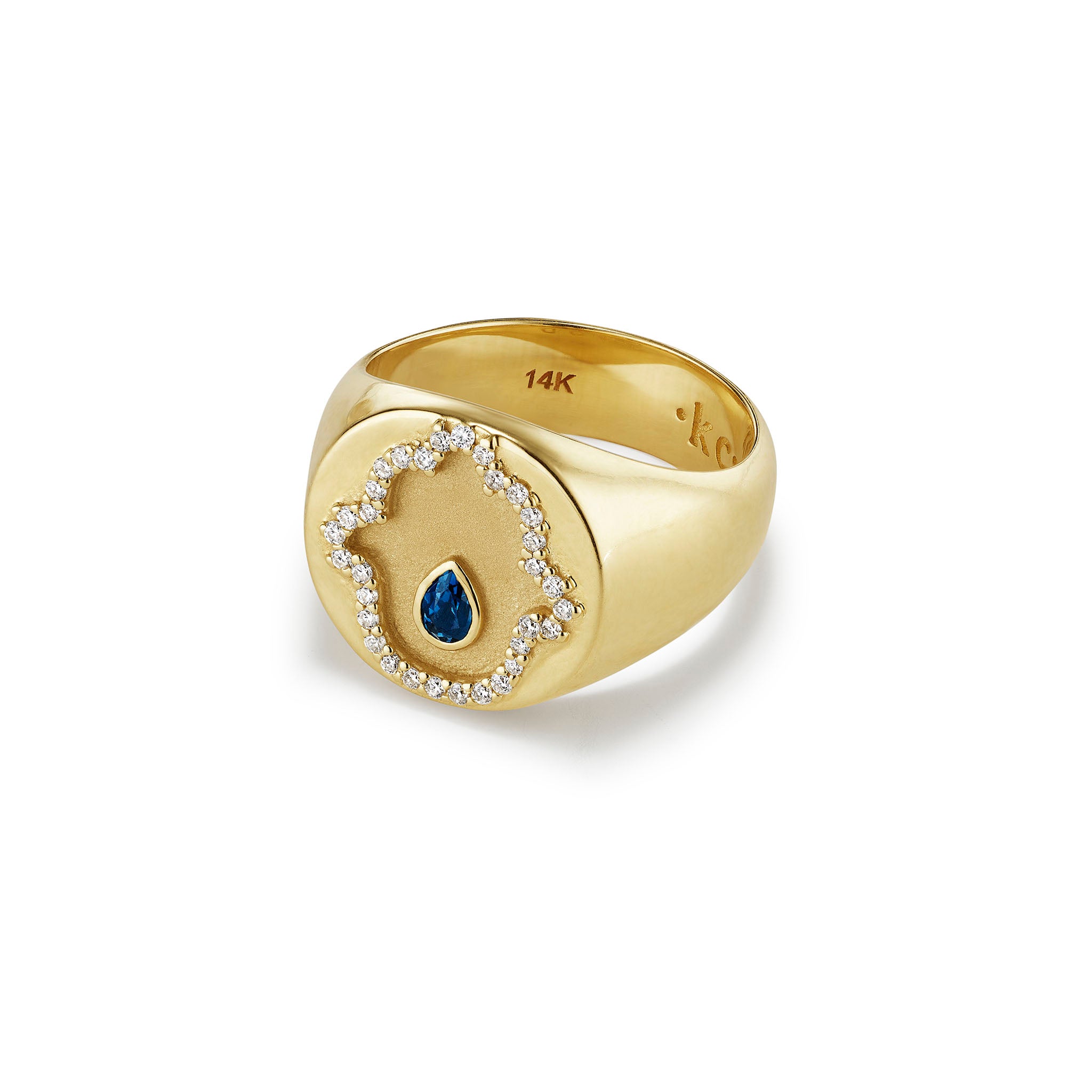 14k Gold ring with a hamsa hand detail in diamonds with a sapphire stone