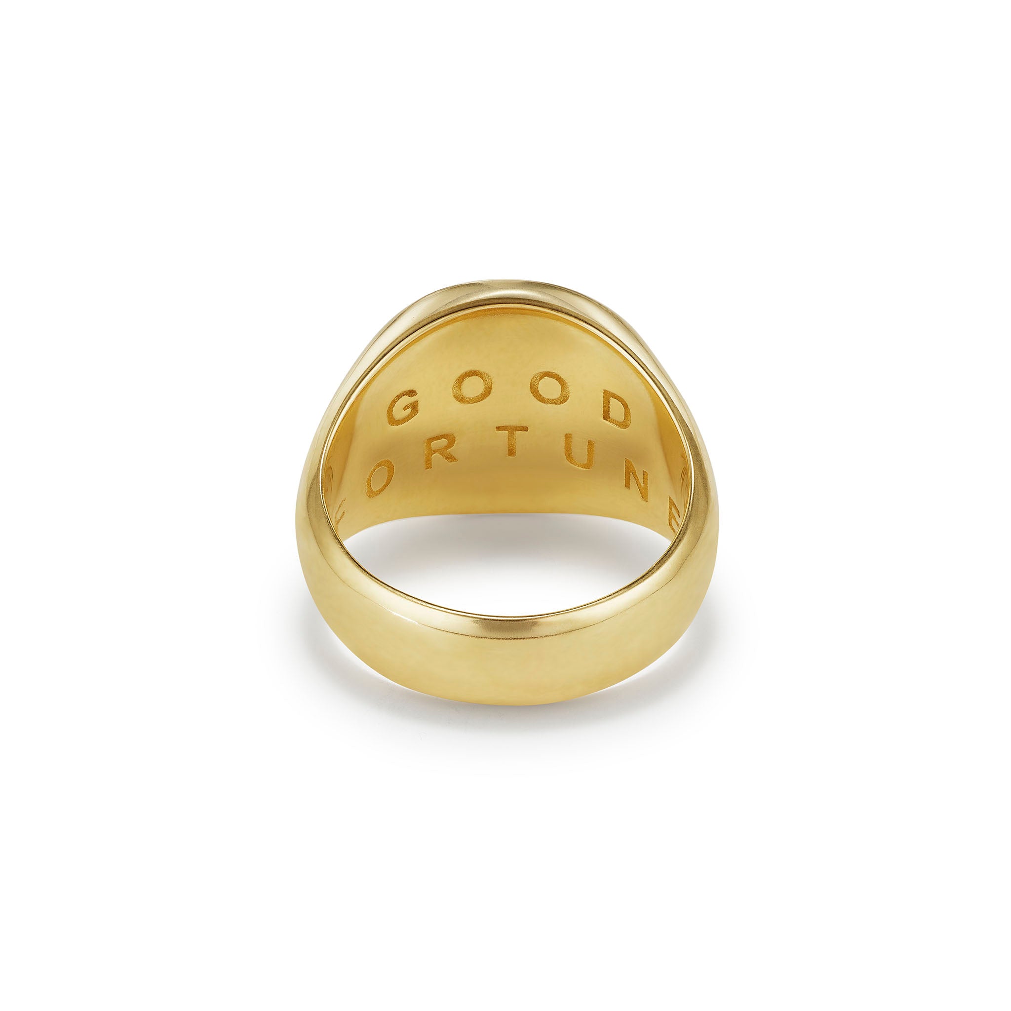 14k Gold ring with a hamsa hand detail in diamonds with a sapphire stone. back of ring 'GOOD FORTUNE' engraving