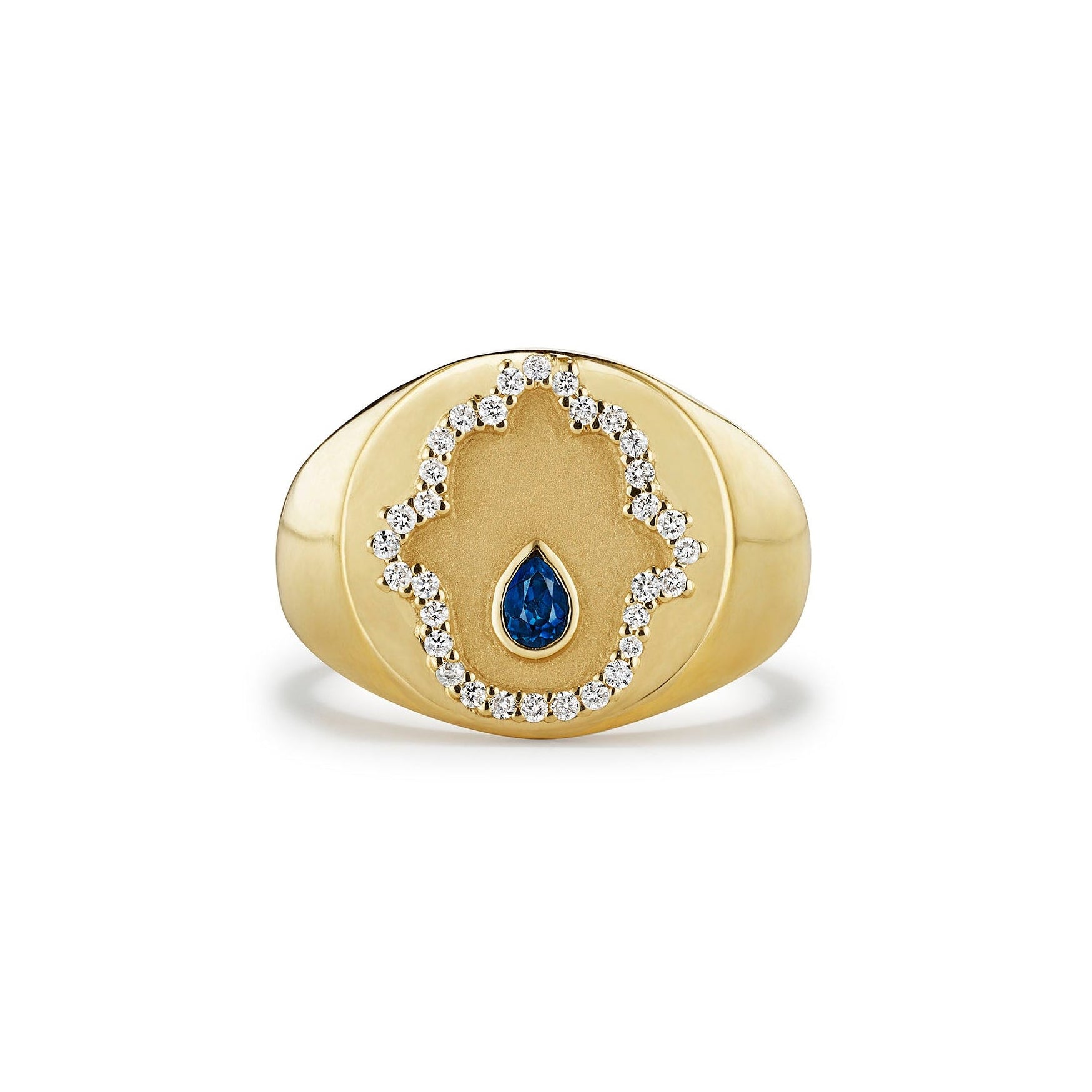 14k Gold ring with a hamsa hand detail in diamonds with a sapphire stone