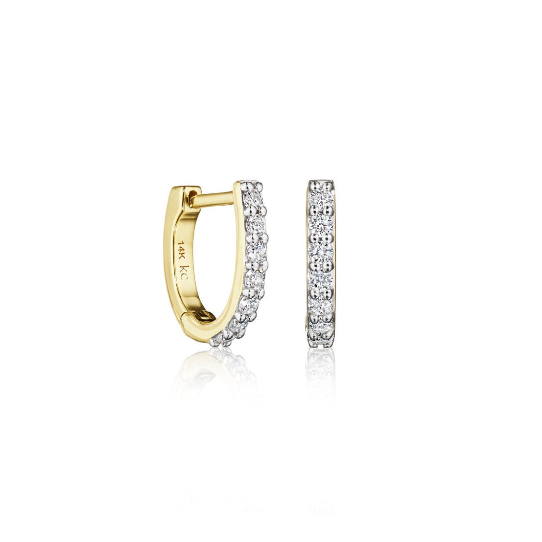 Gold hoop earrings with embedded diamonds on a white background