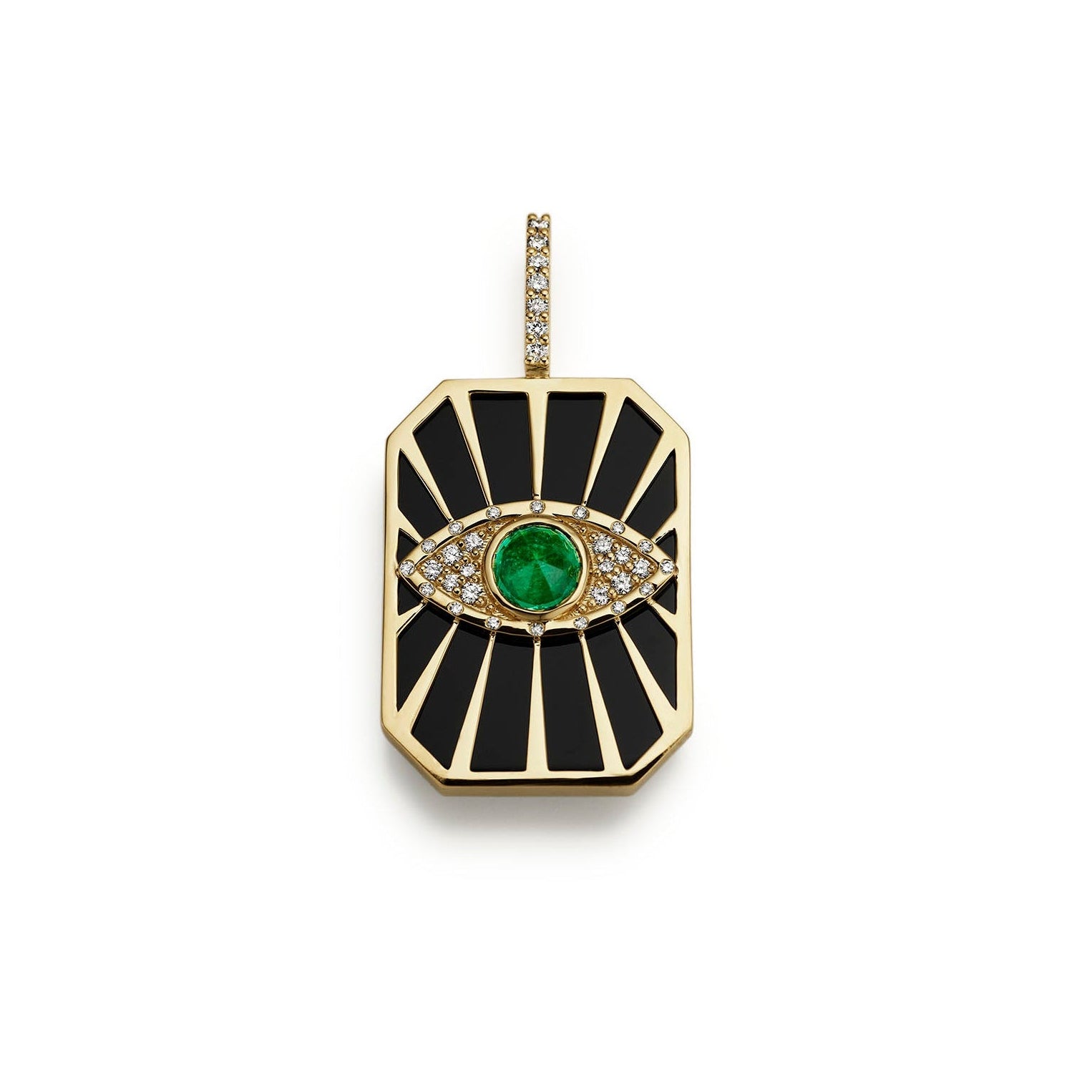 Evil Eye Diamond Sunburst Tag Pendant- Emerald