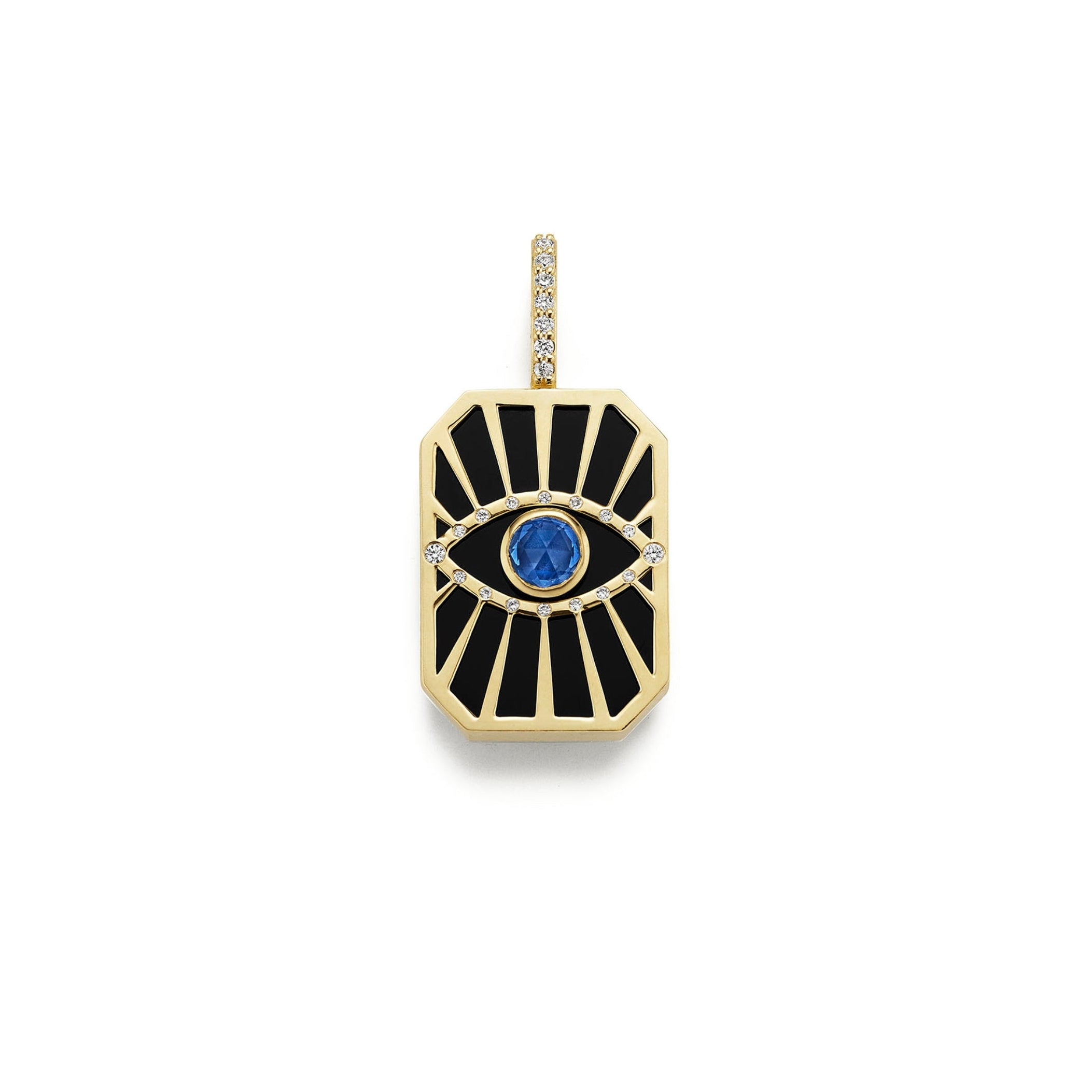 Evil Eye Diamond Sunburst Tag Pendant- Sapphire