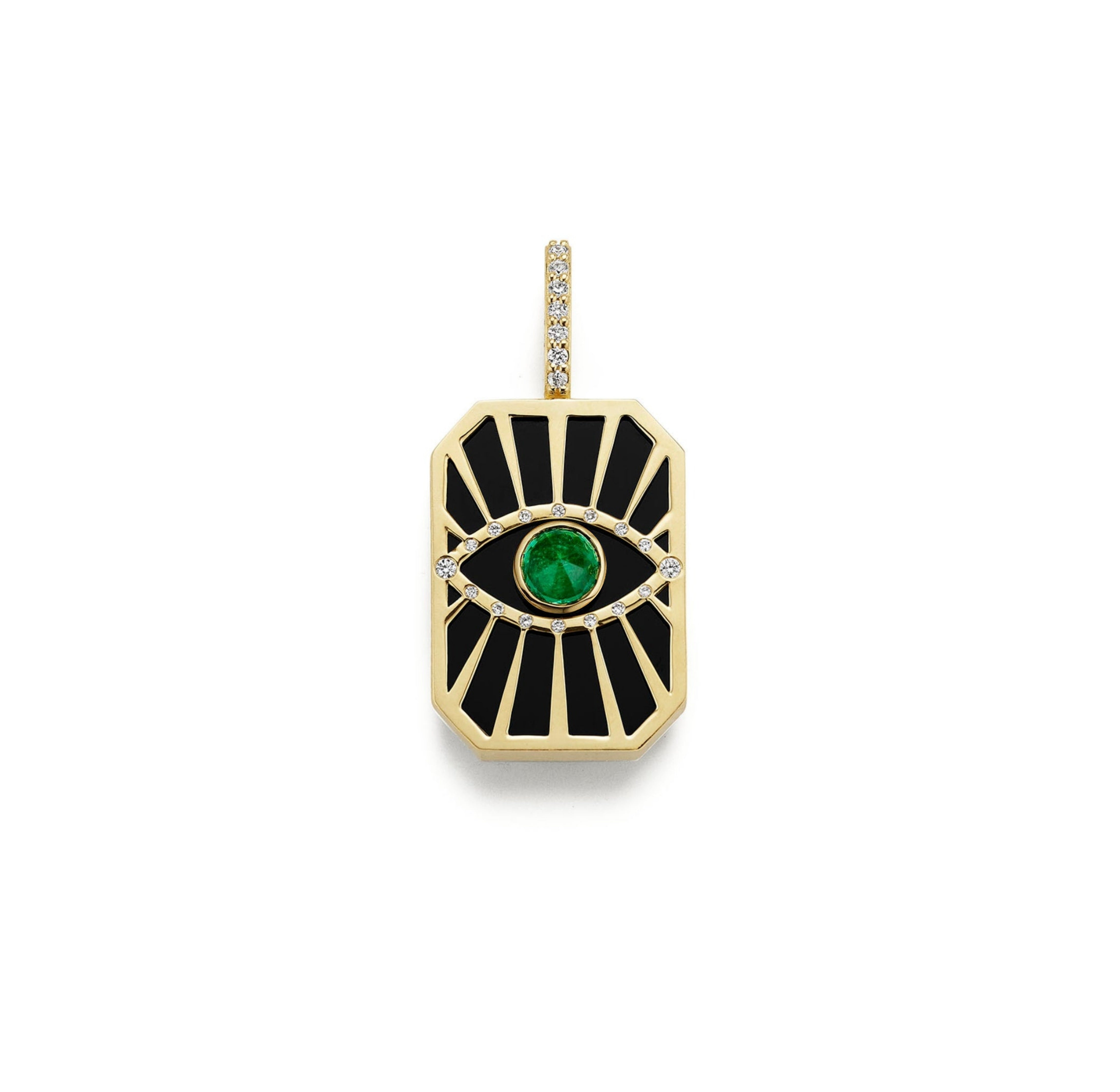 Evil Eye Sunburst Tag Pendant- Emerald