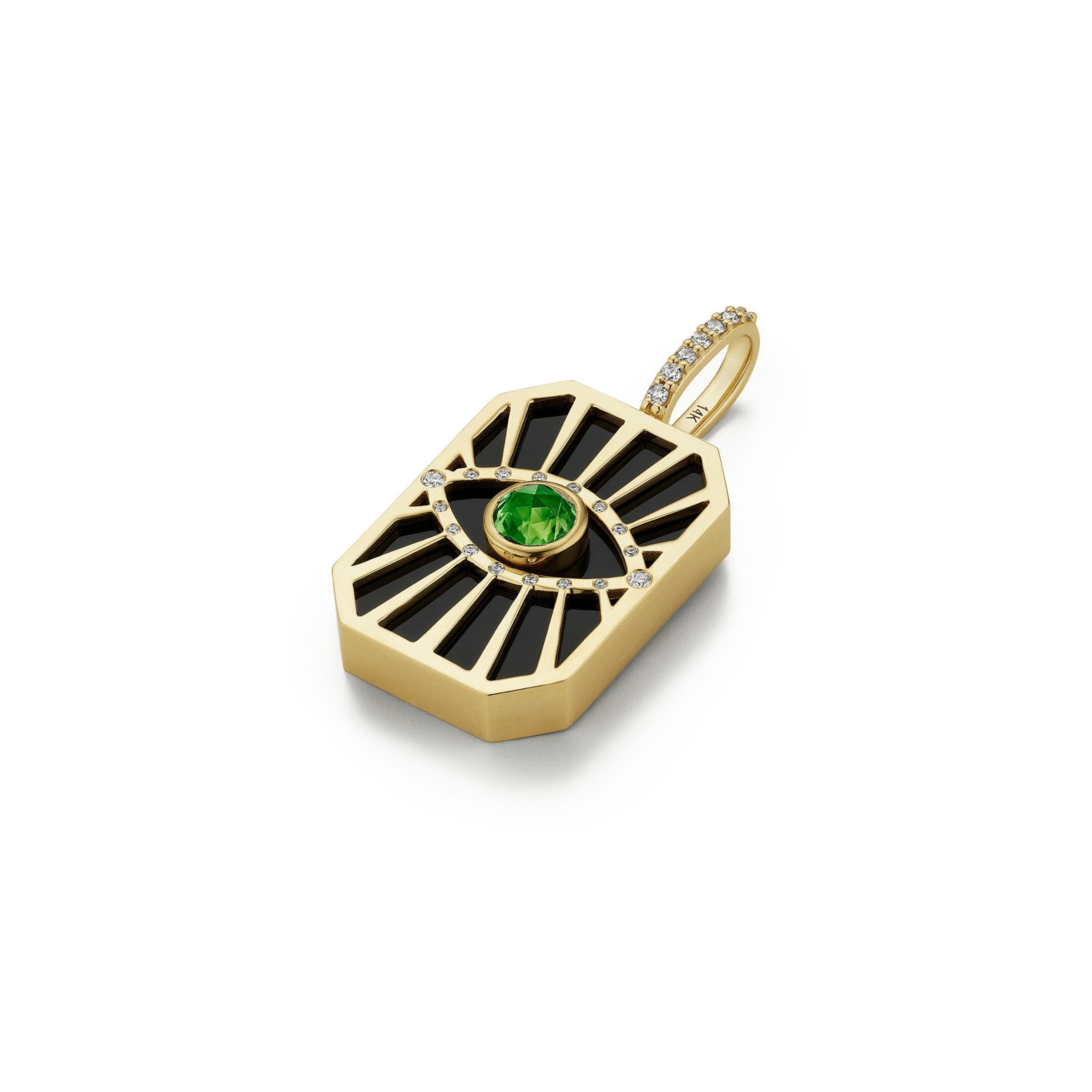 Evil Eye Sunburst Tag Pendant- Emerald-angle