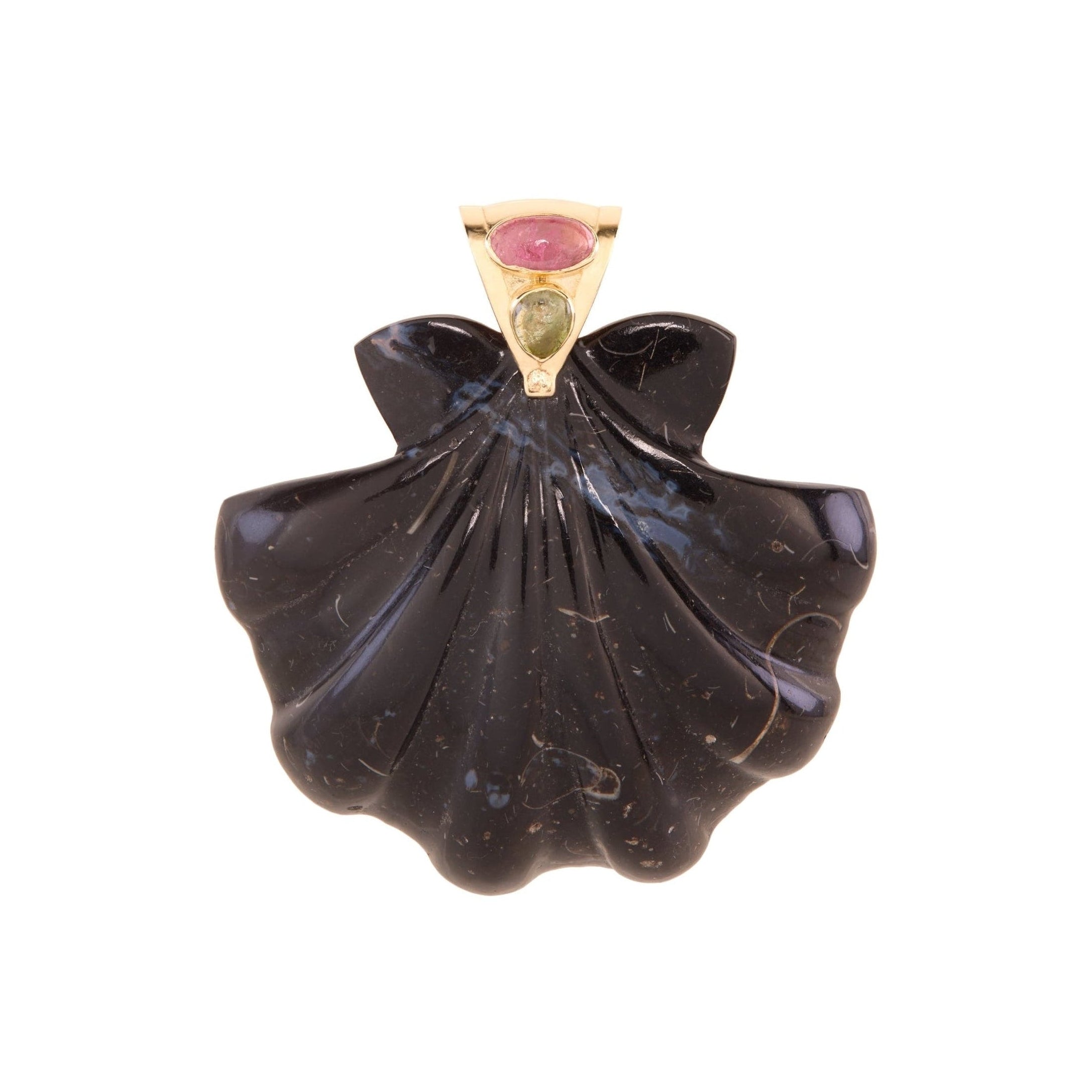 Extra large black calcite scallop shell pendant