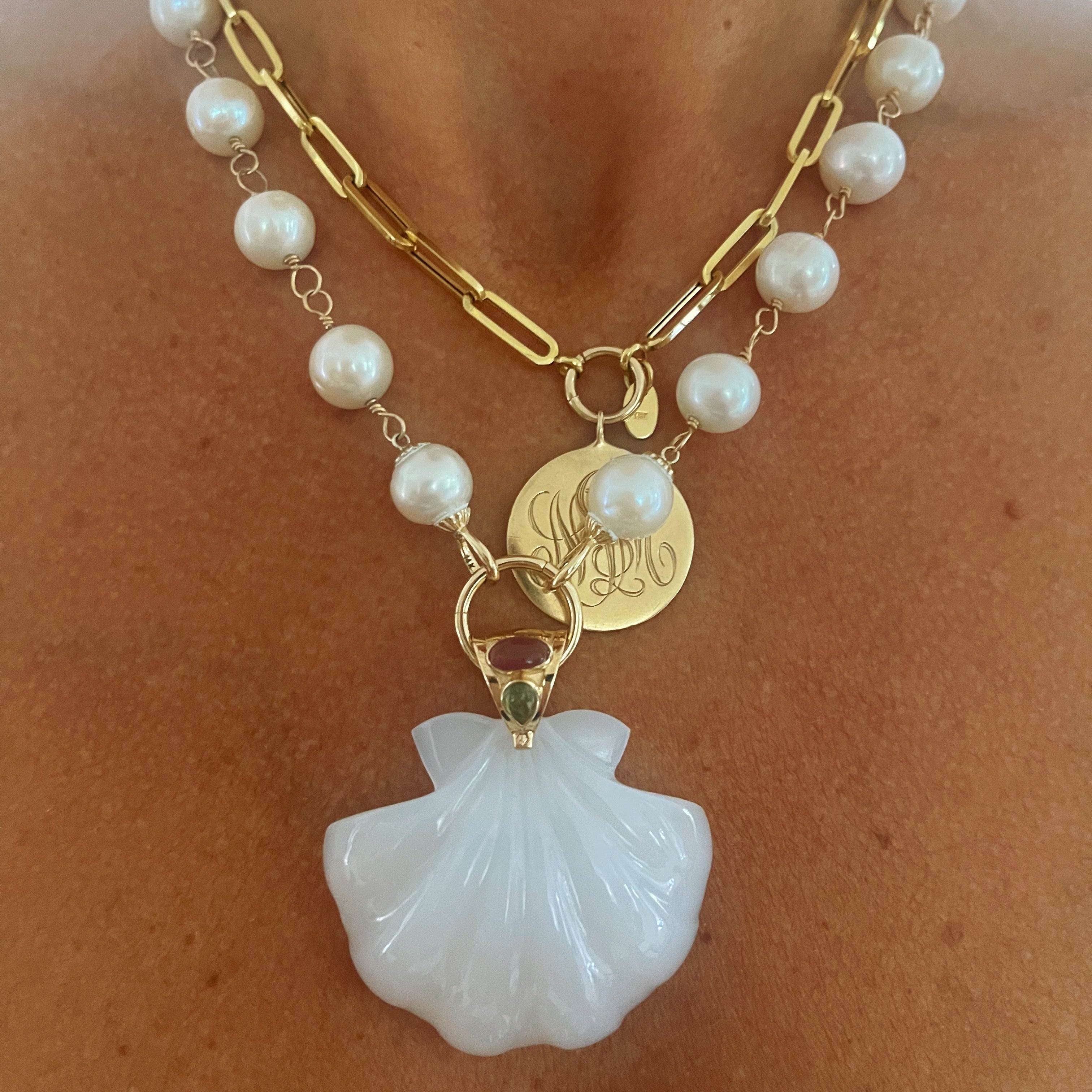 Extra large white onyx scallop shell pendant