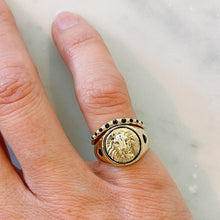 Load image into Gallery viewer, 14k Gold signet ring with lion emblem. Paired with a black diamond half eternity contour band
