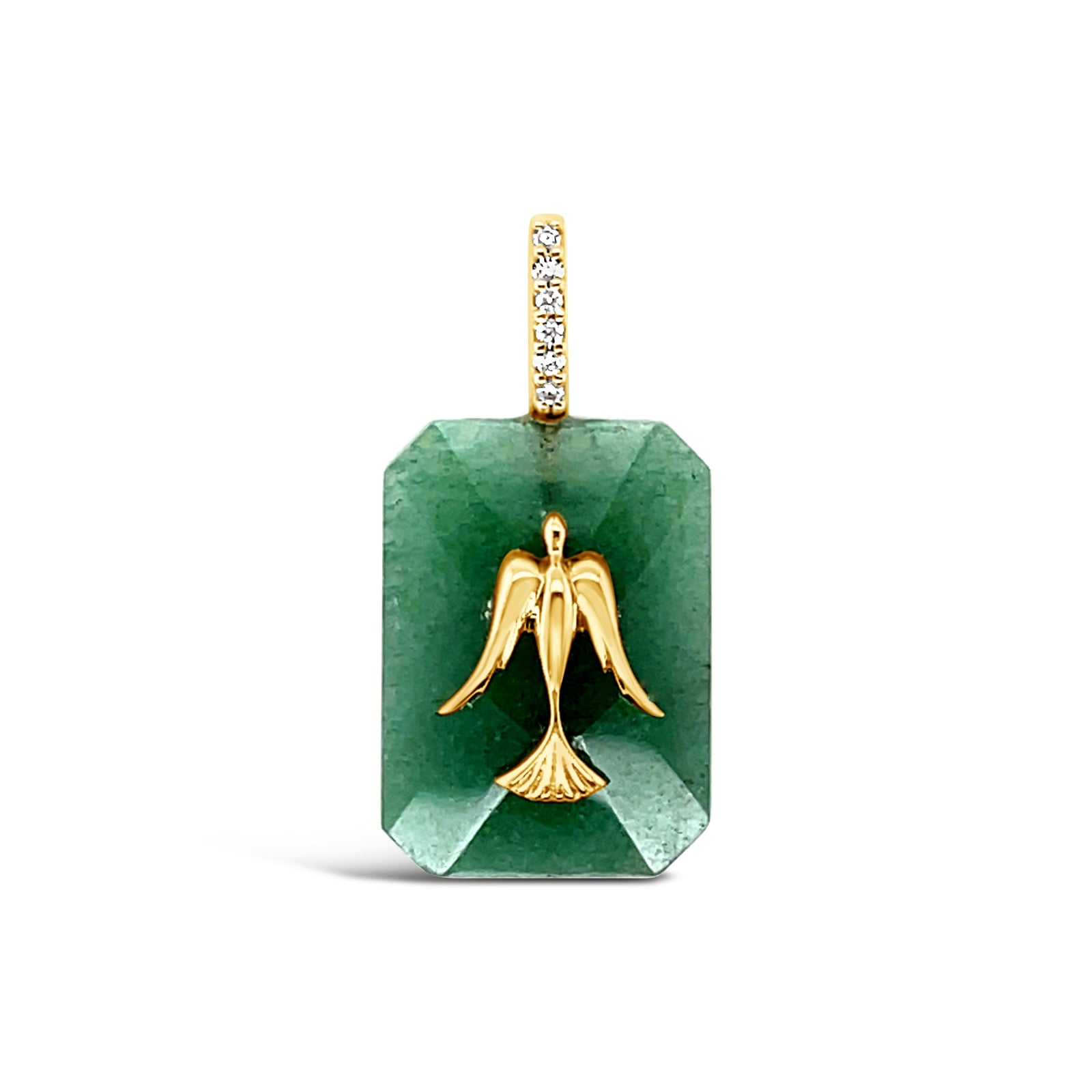 Green gemstone pendant with gold bird design on a white background