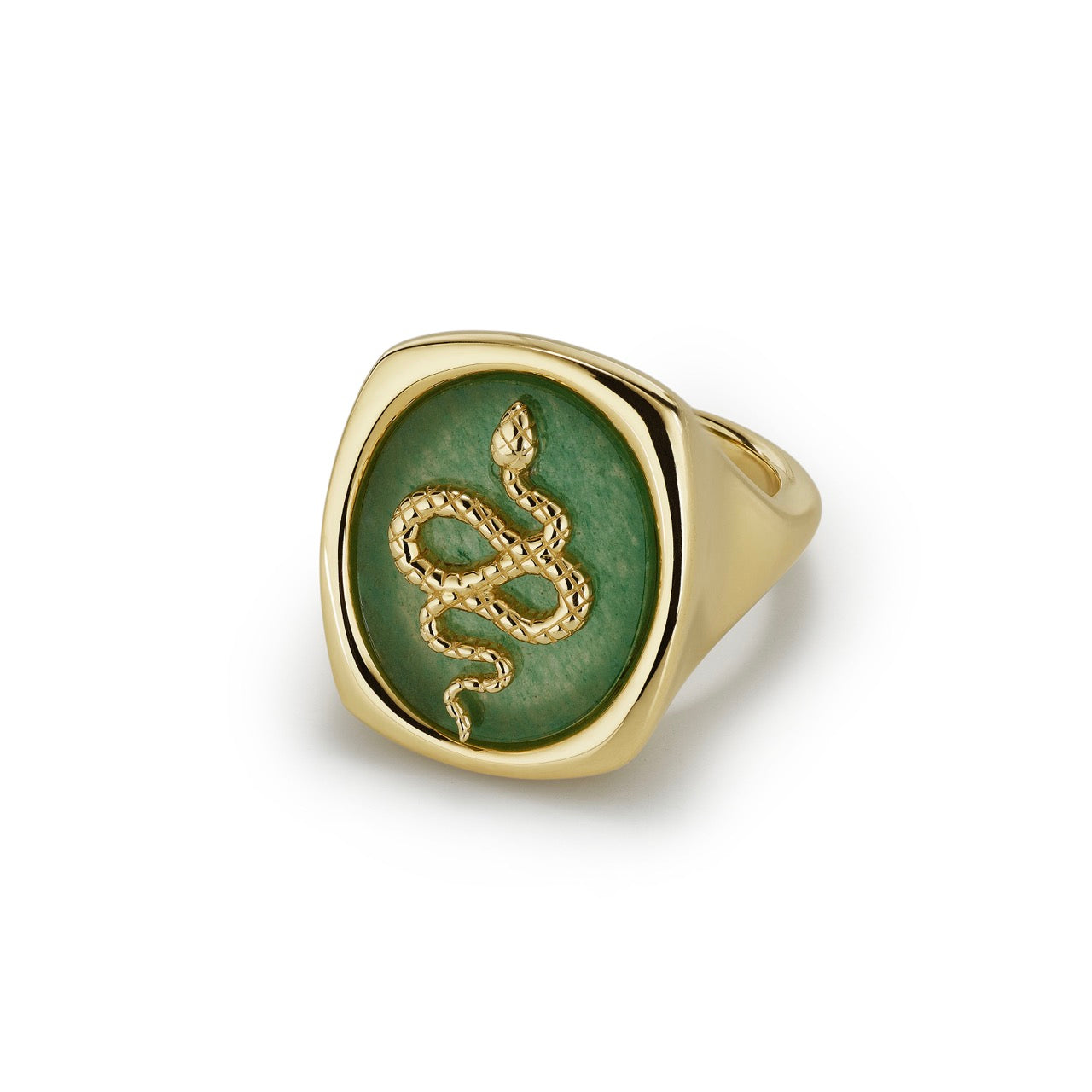 Gold ring with green aventurine face and 14k gold snake design detail