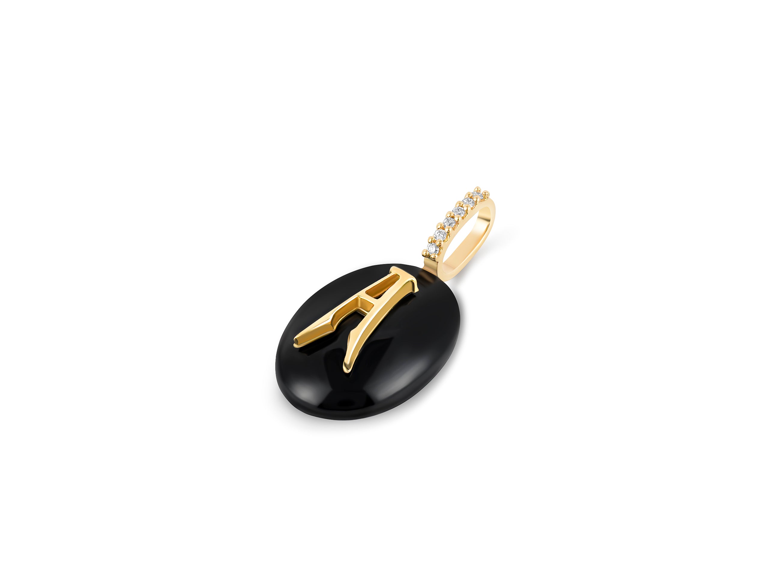 Angled view of small oval black onyx monogram pendant in 14k yellow gold with diamond bail