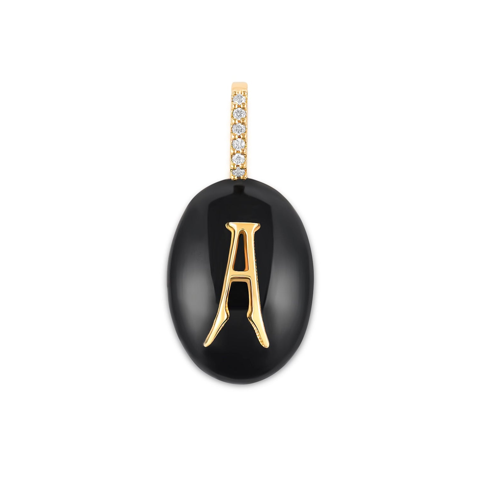 Small oval black onyx cabochon monogram pendant with gold initial and diamond pavé bail