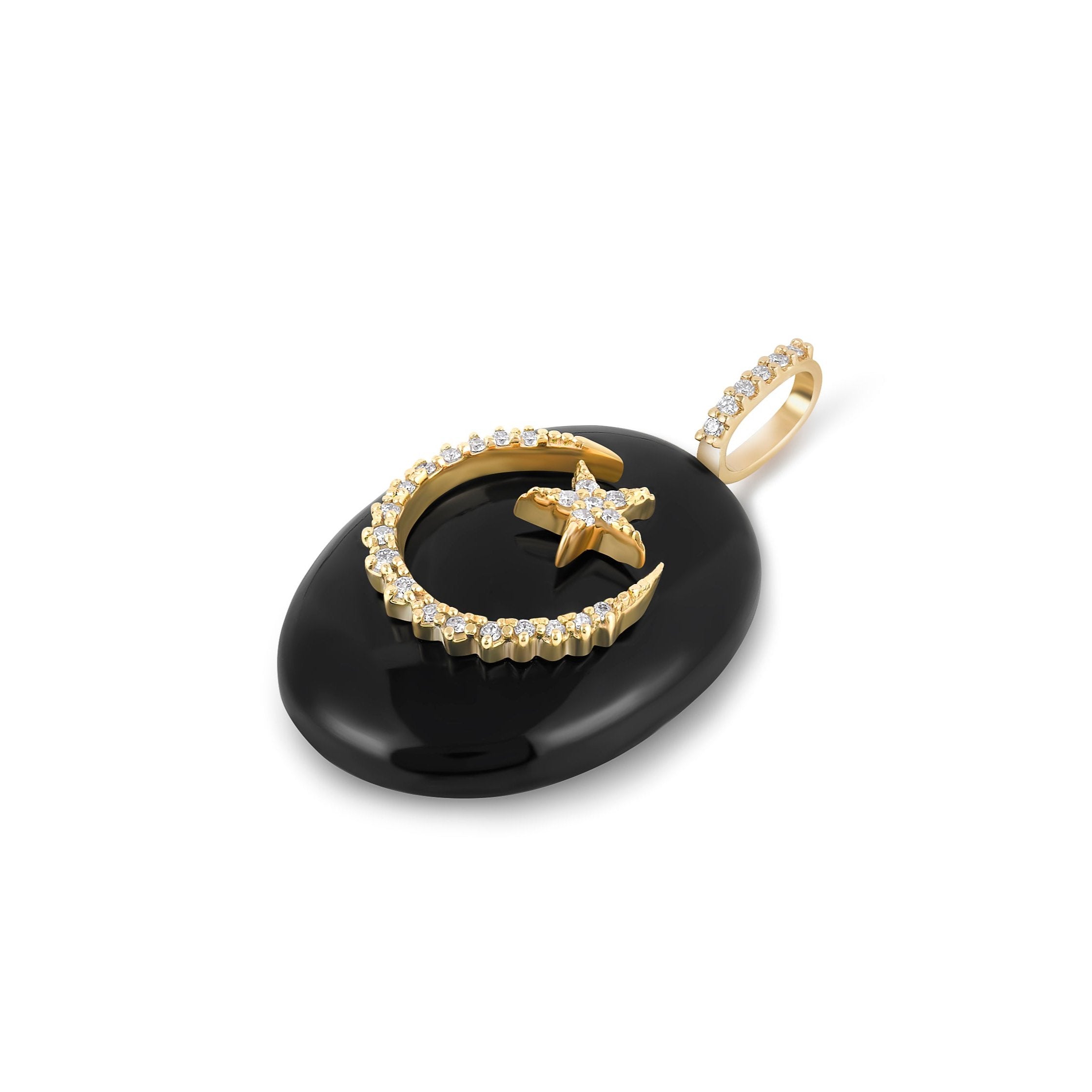 Side view of black onyx moon-and-star cabochon pendant with diamond bail