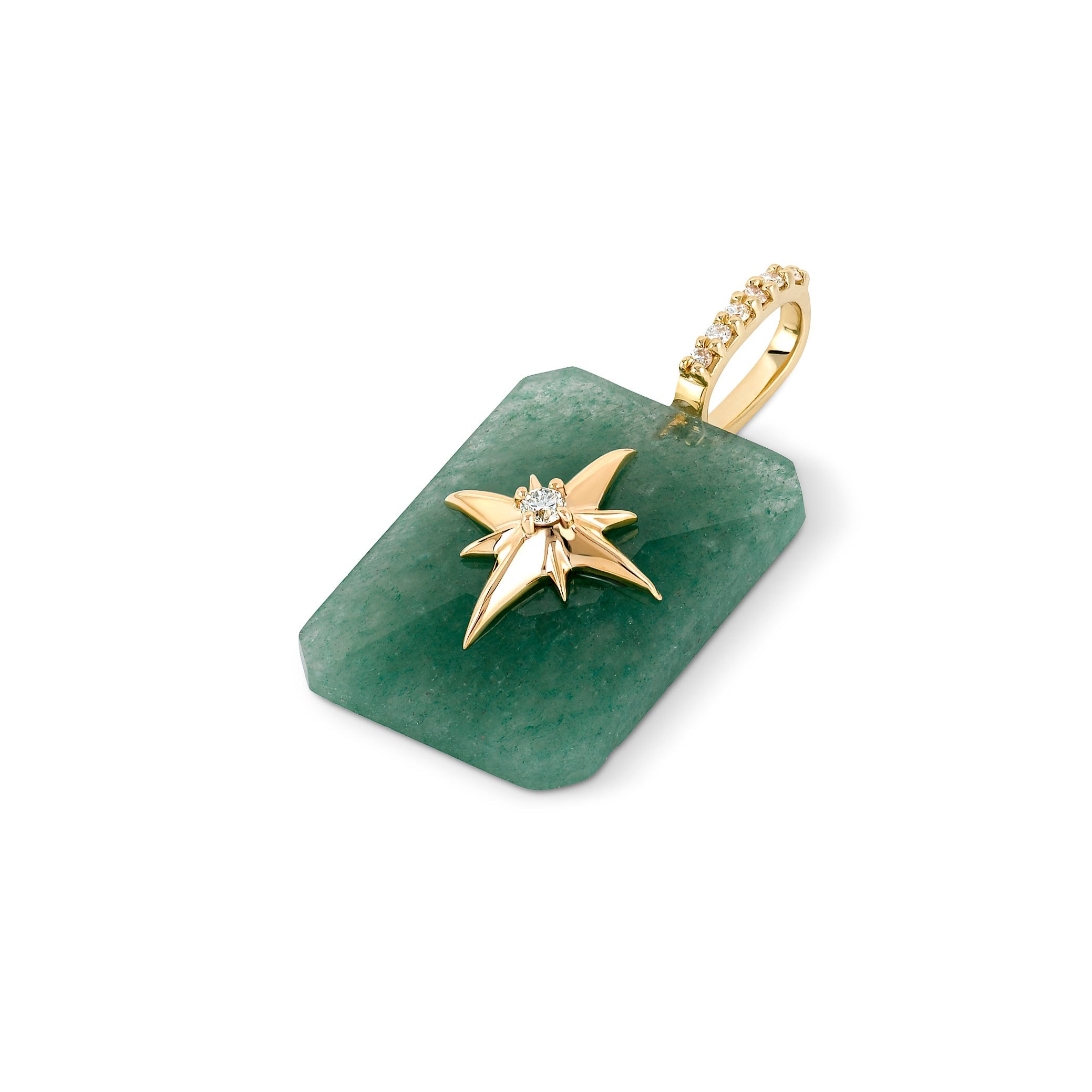 Side angle of Green Aventurine emerald-cut pendant showing gold starburst detail