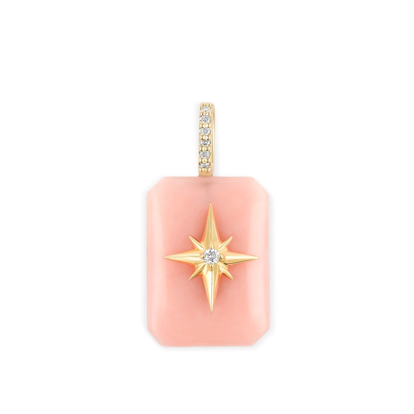 Pink Opal emerald-cut cabochon pendant with gold starburst and diamond bail on white background