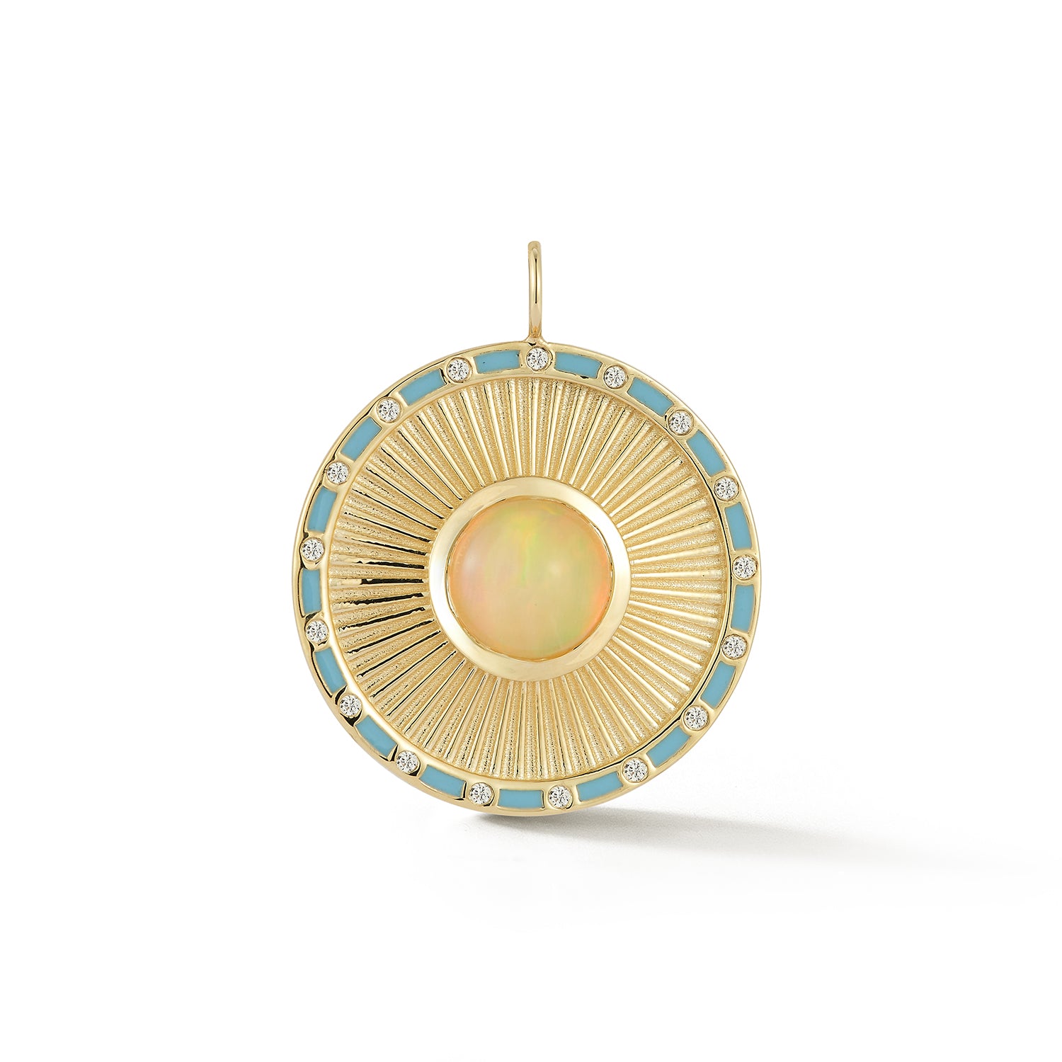 Clarity Pendant front view showing opal cabochon, pale blue enamel accents, and sunburst rays in 14k gold.