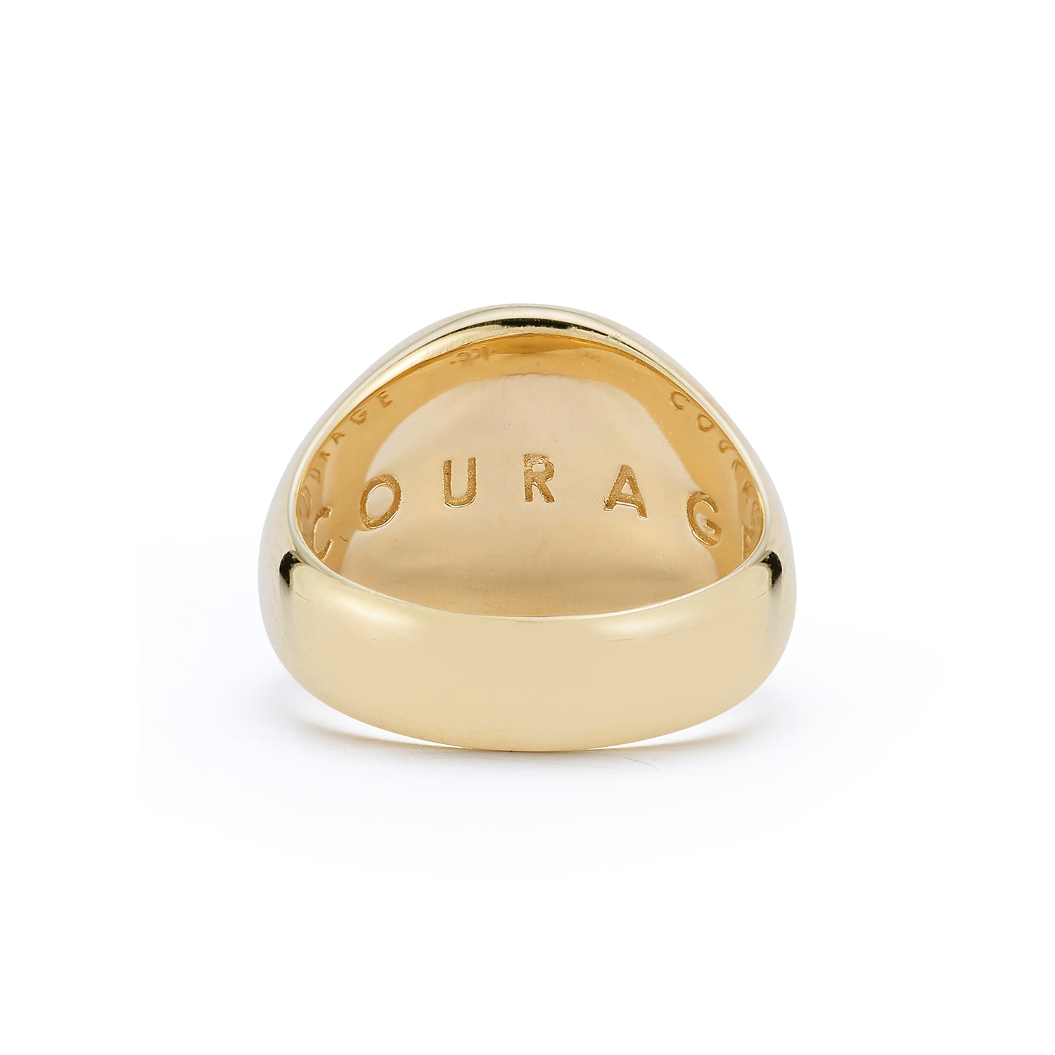 Back view of ring engraved with the word “COURAGE”