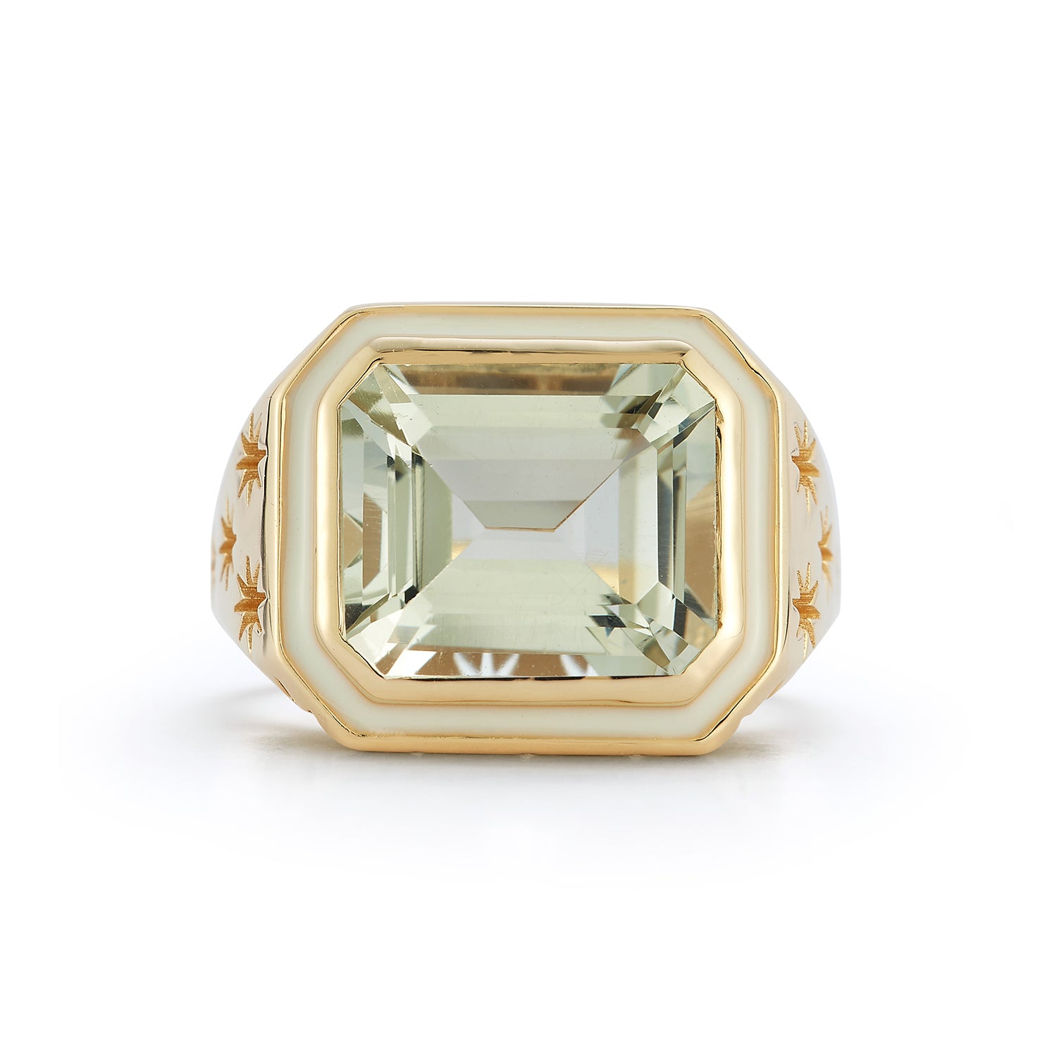 Front view of Starlit Ring featuring horizontal emerald-cut green amethyst