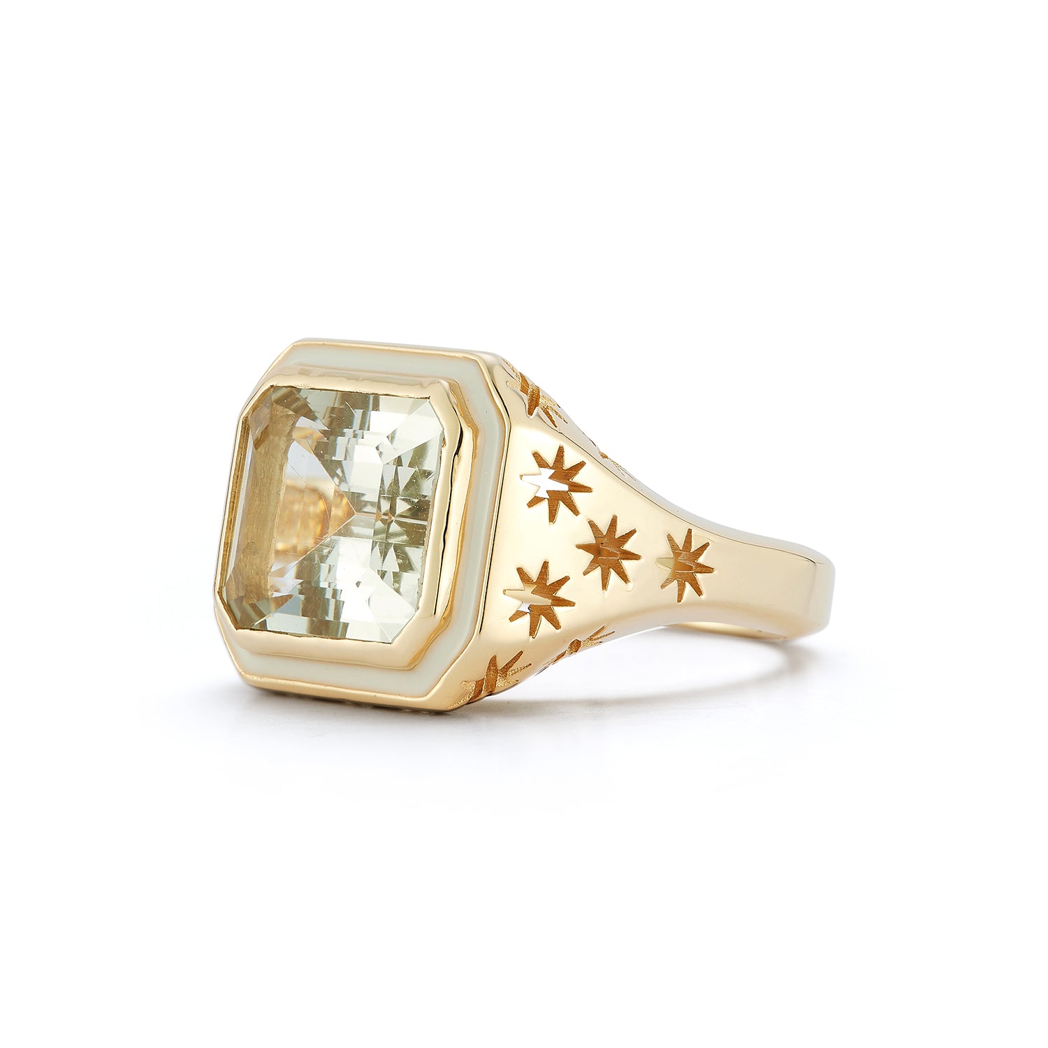 Angled view of Starlit Ring in green amethyst with ivory enamel bezel