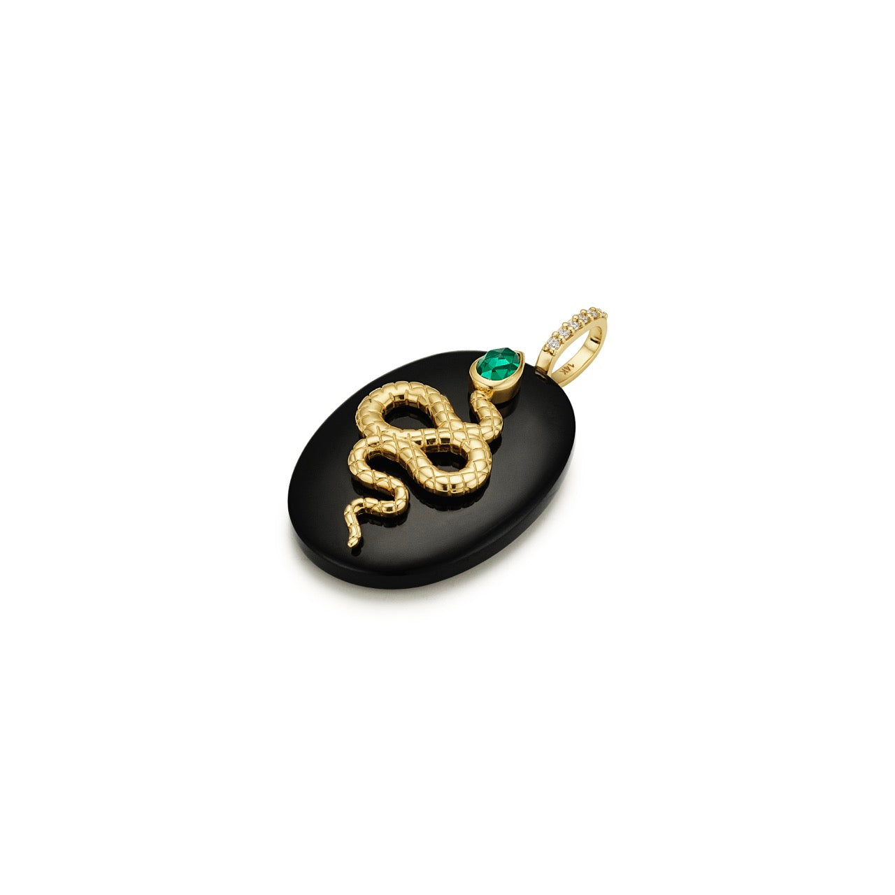 Black onyx pendant with 14k gold and emerald snake design detail