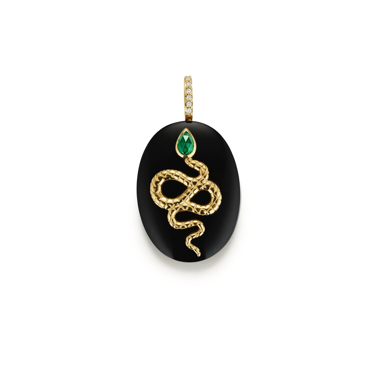 Black onyx pendant with 14k gold and emerald snake design detail