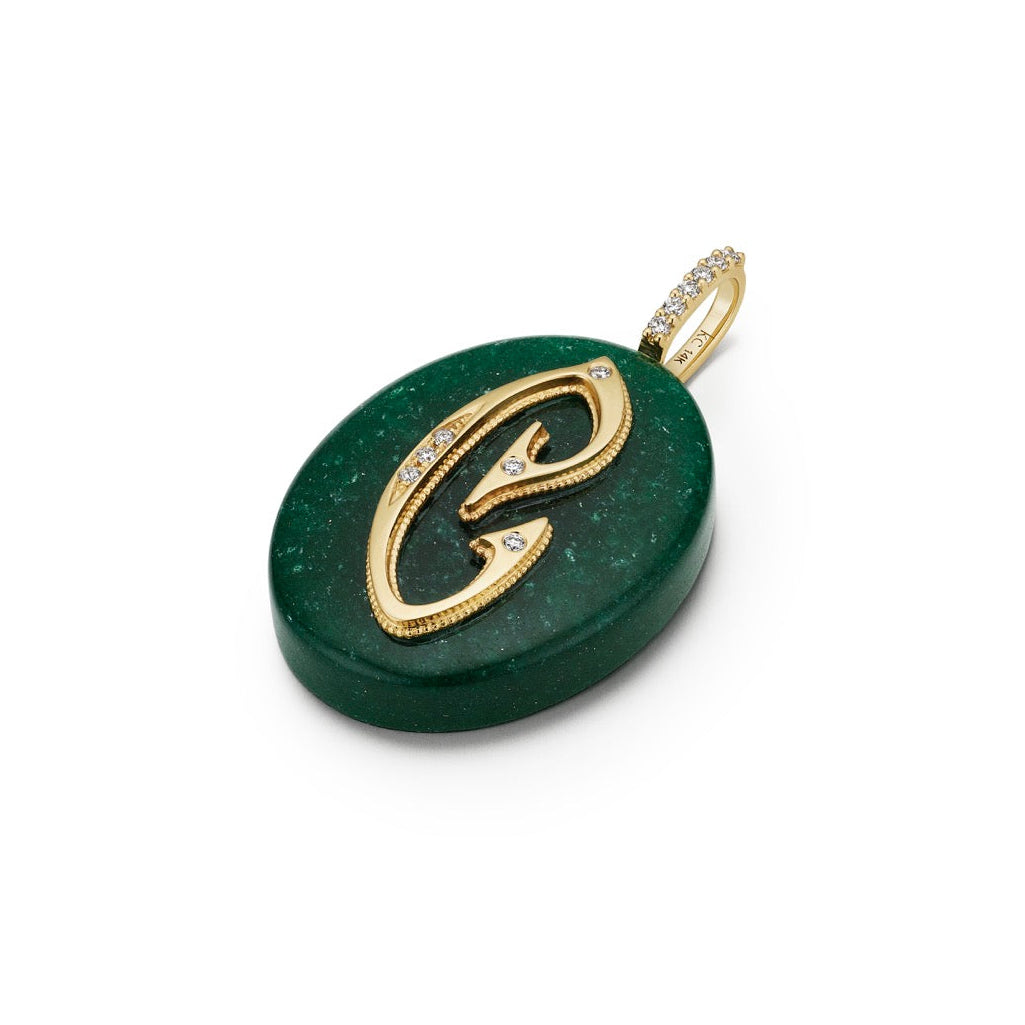 Large Oval Cabochon Monogram Pendant-Green Aventurine