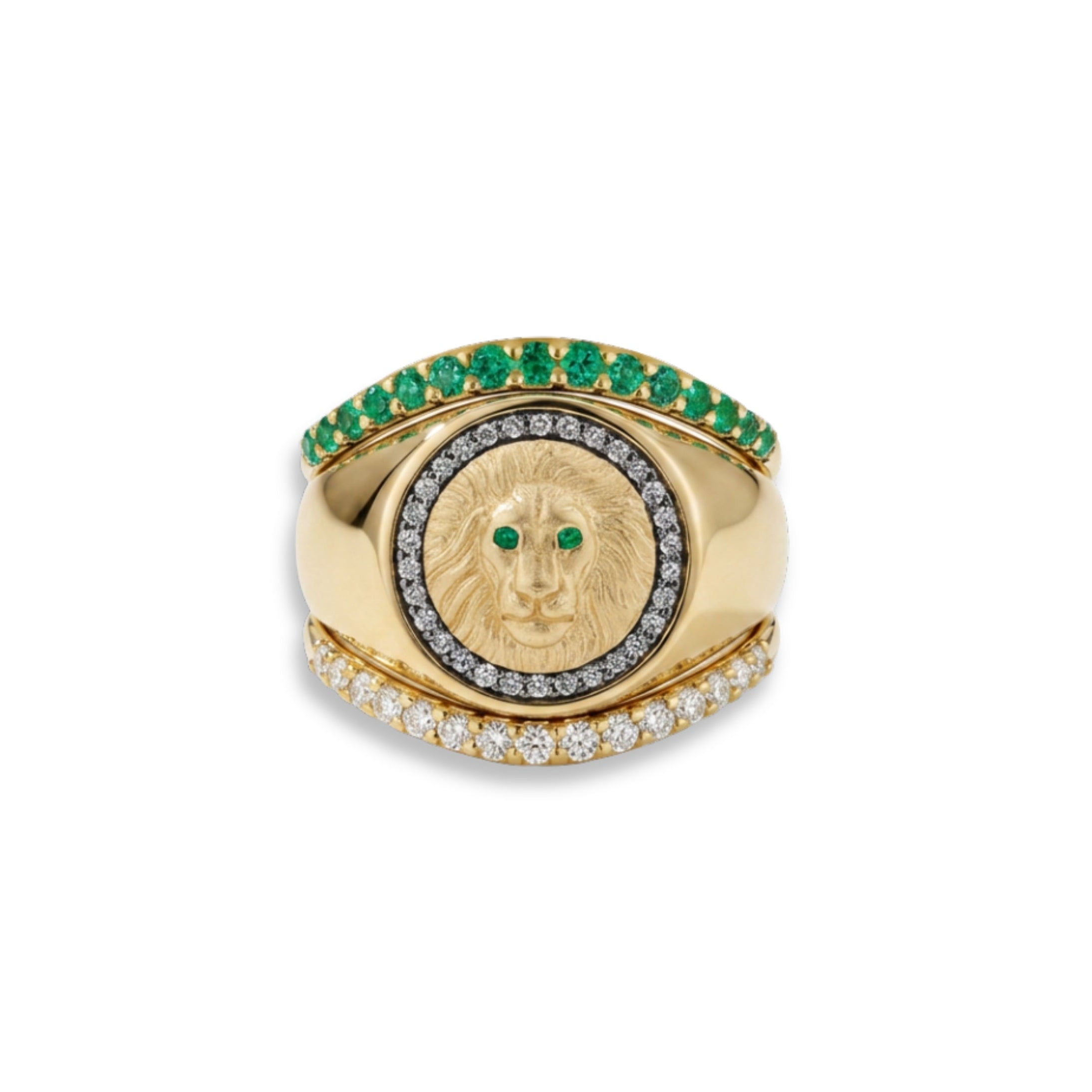 Lion Signet Ring with half eternity diamond and emerald contour bands