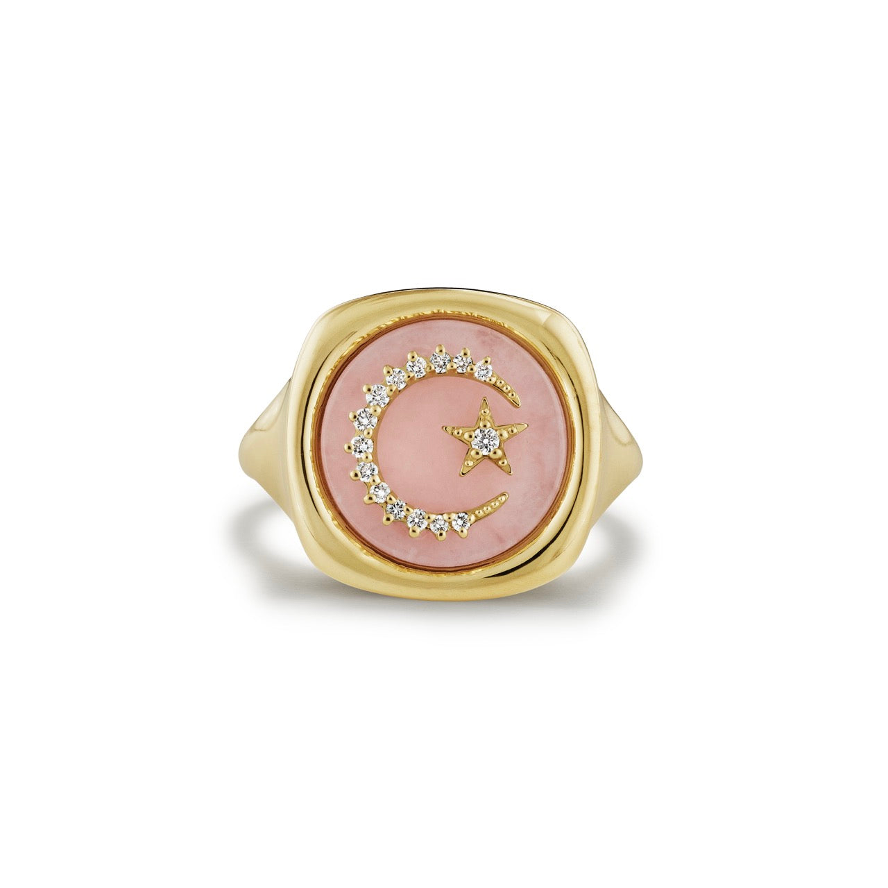 Pink Opal signet ring with moon and star diamond details