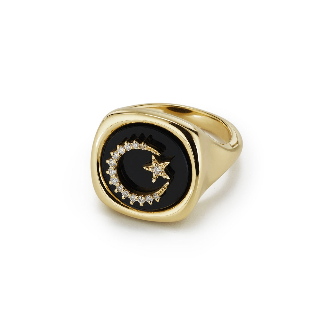 black onyx signet ring with moon and star details in diamonds