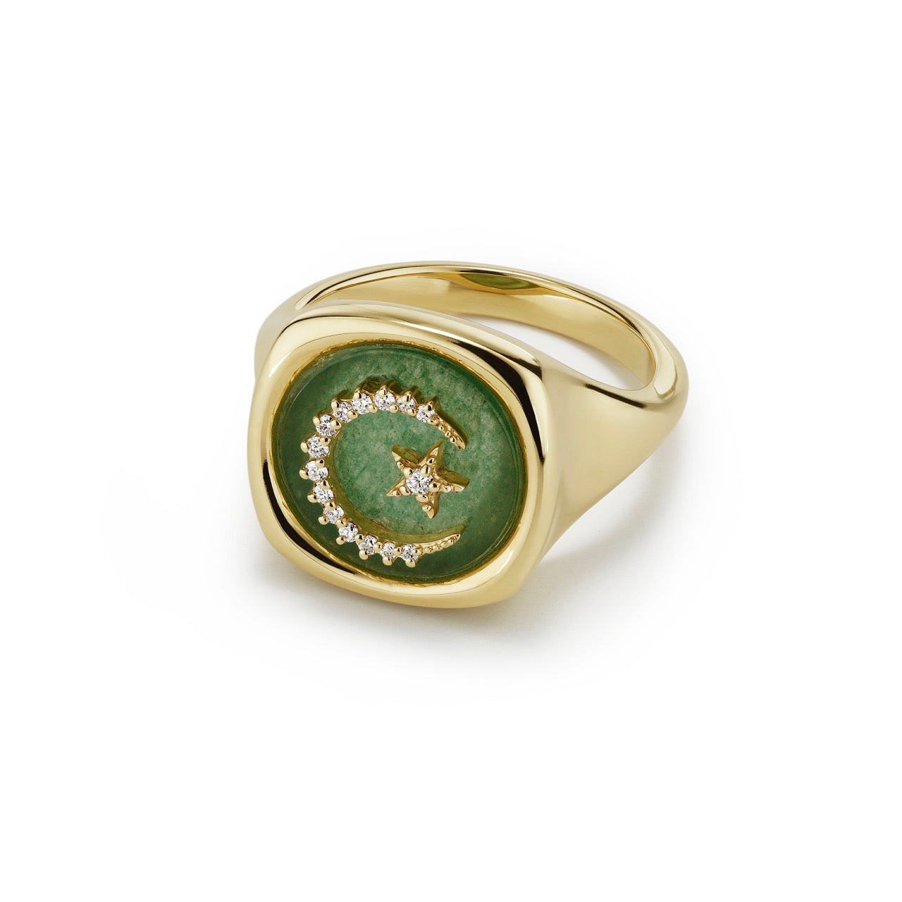 Green Aventurine signet ring with moon and star diamond details