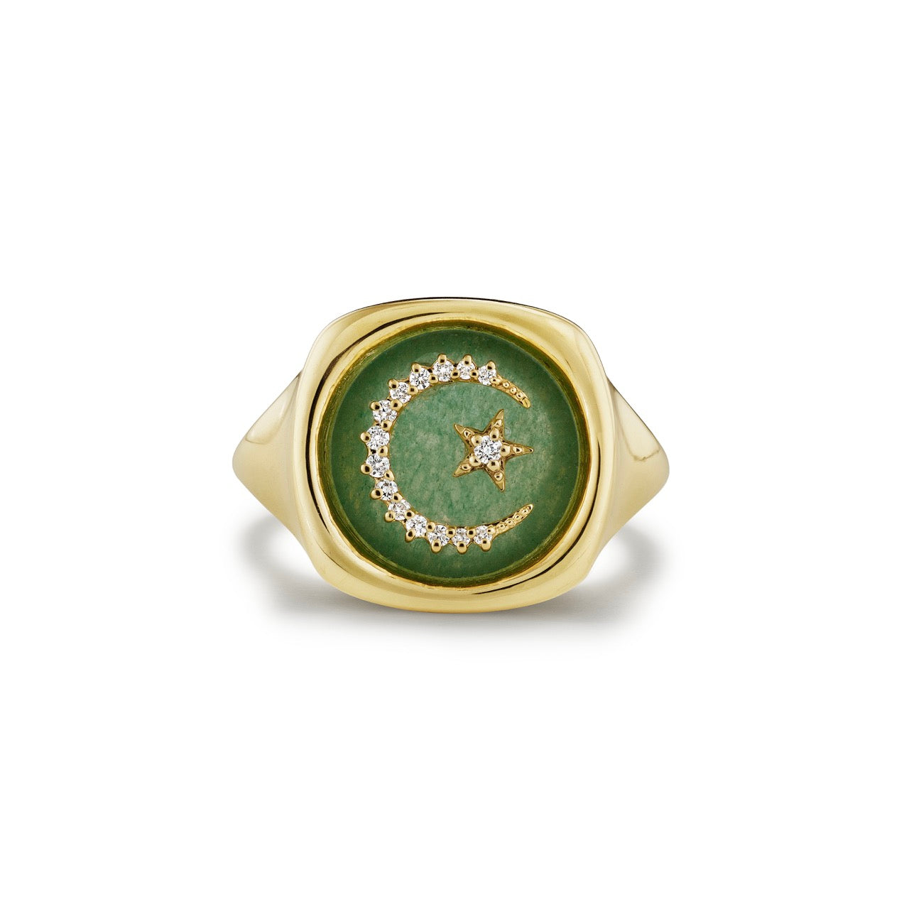 Green Aventurine signet ring with moon and star diamond details