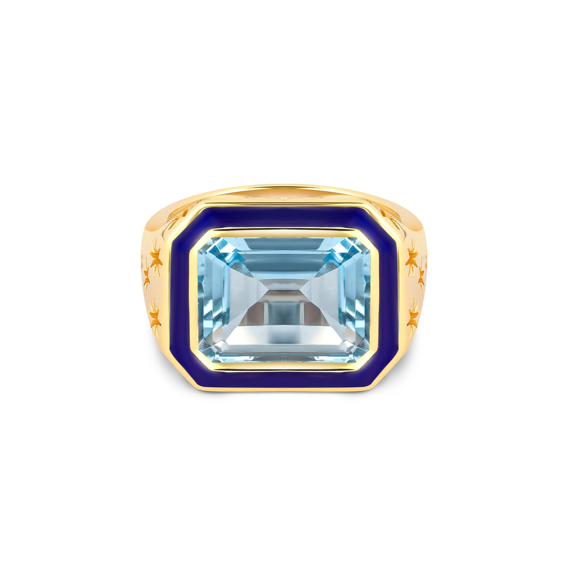 Starlit Ring in blue topaz with deep blue enamel bezel on white background