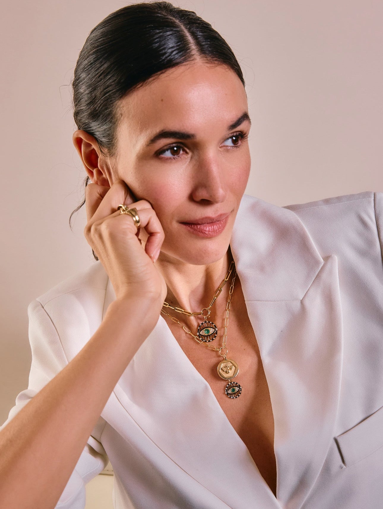 Protection Eye Pendant-model wearing paperclip chain