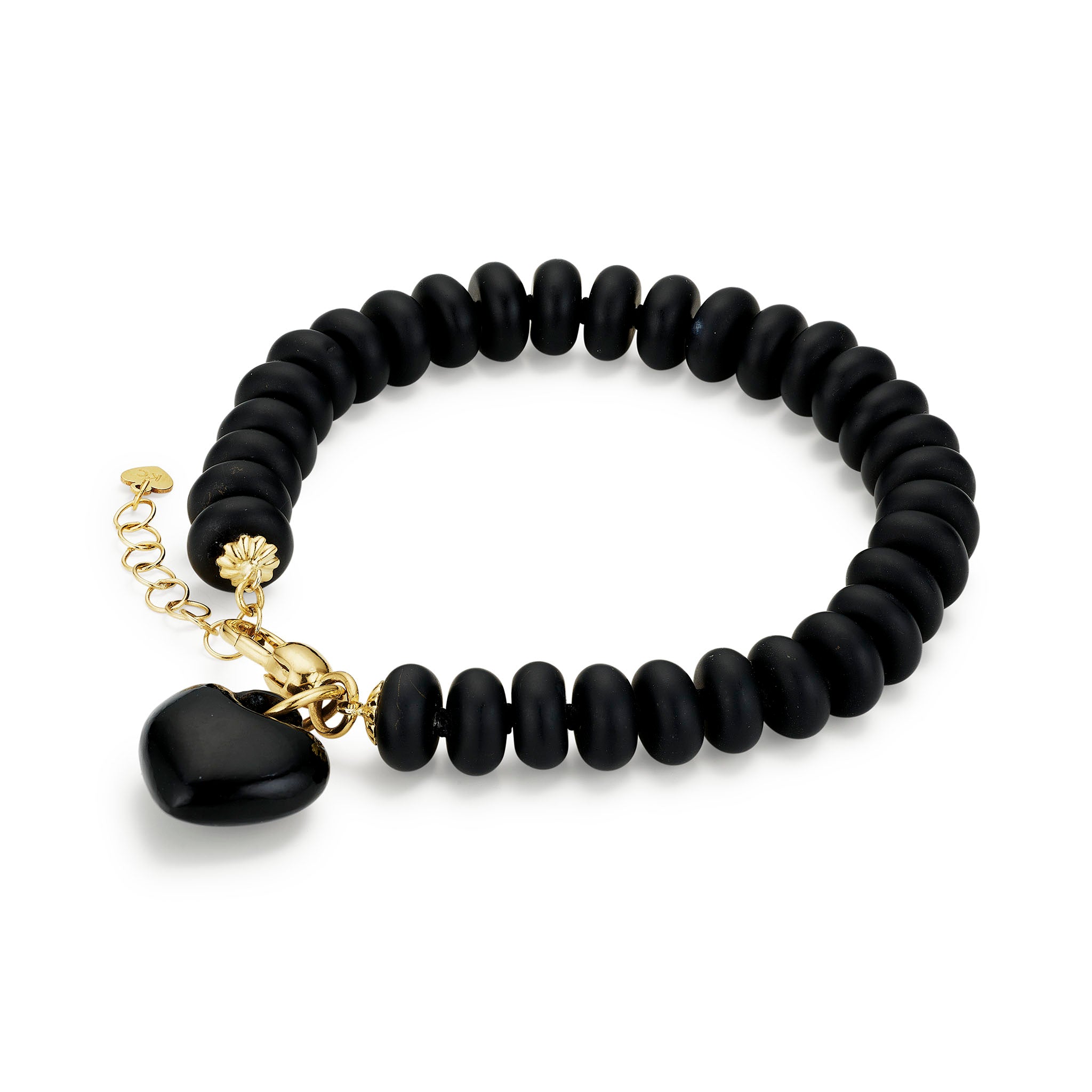 Rondelle Bead Bracelet in black onyx with puffy heart charm