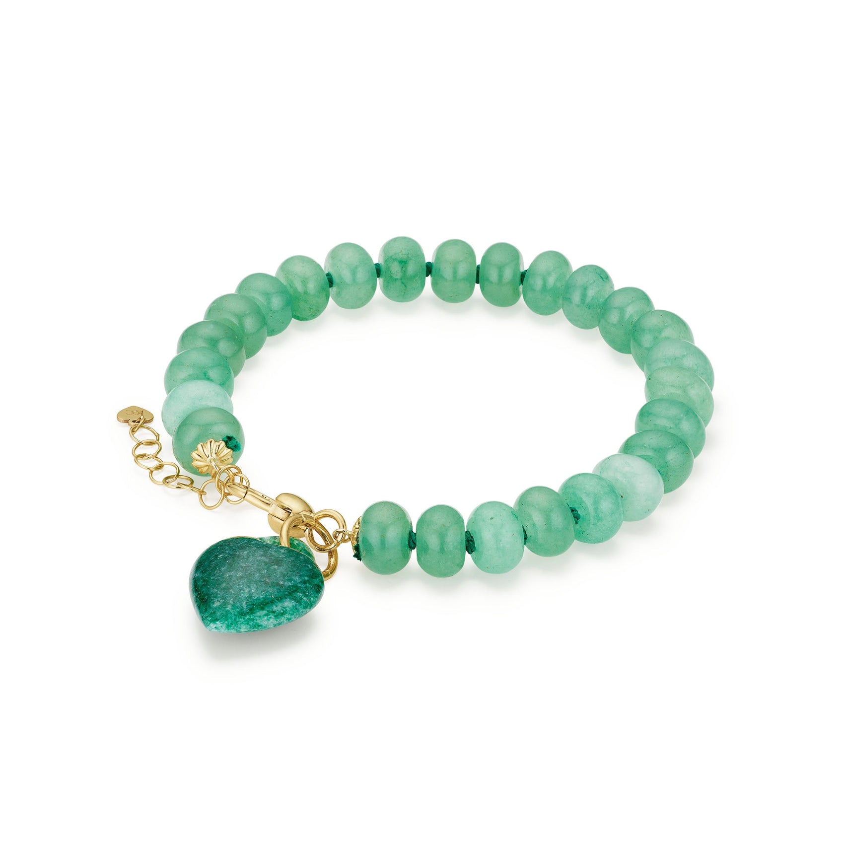 Rondelle Bead Bracelet in Green Aventurine with puffy heart charm, side view