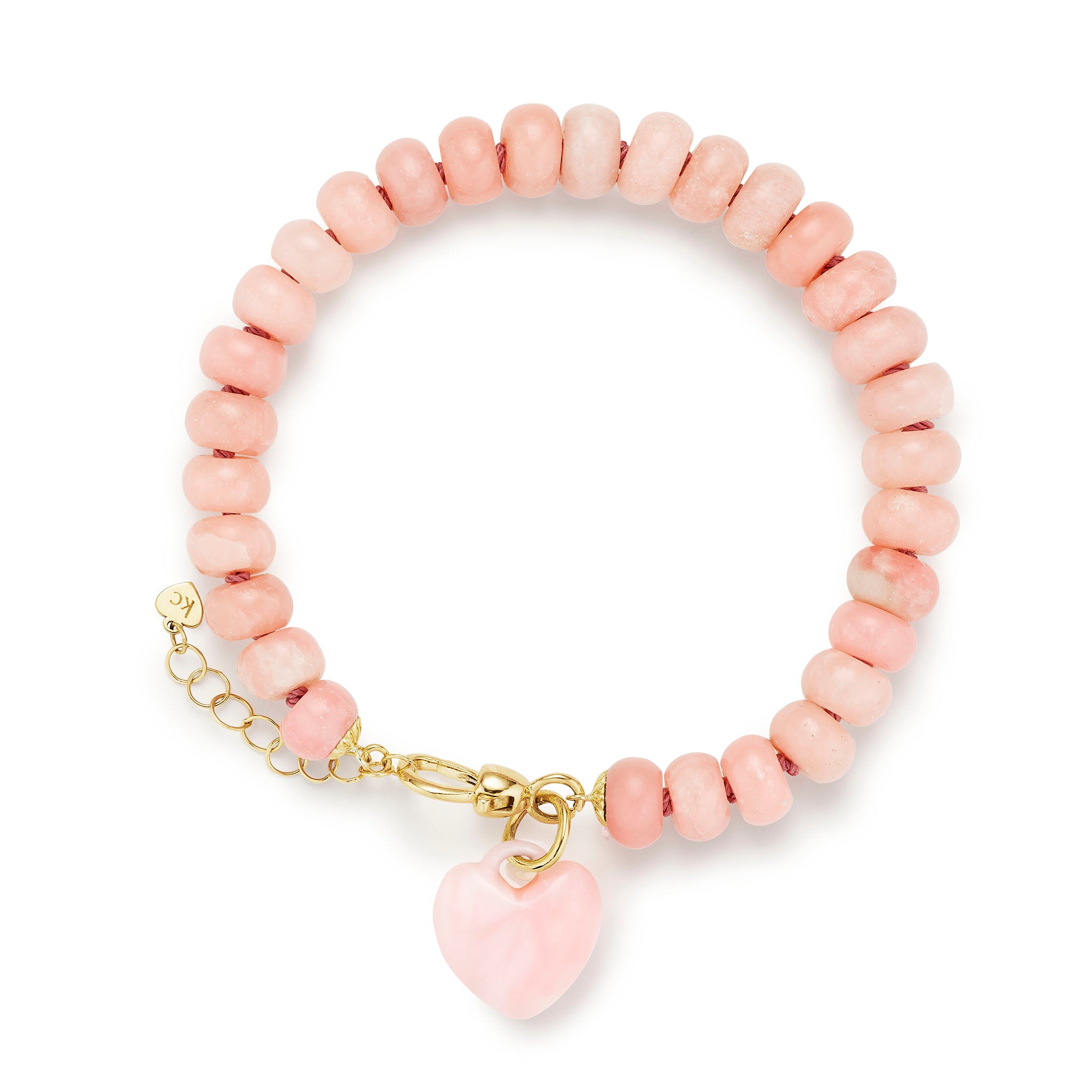 Rondelle Bead Bracelet in Pink Opal with puffy heart charm