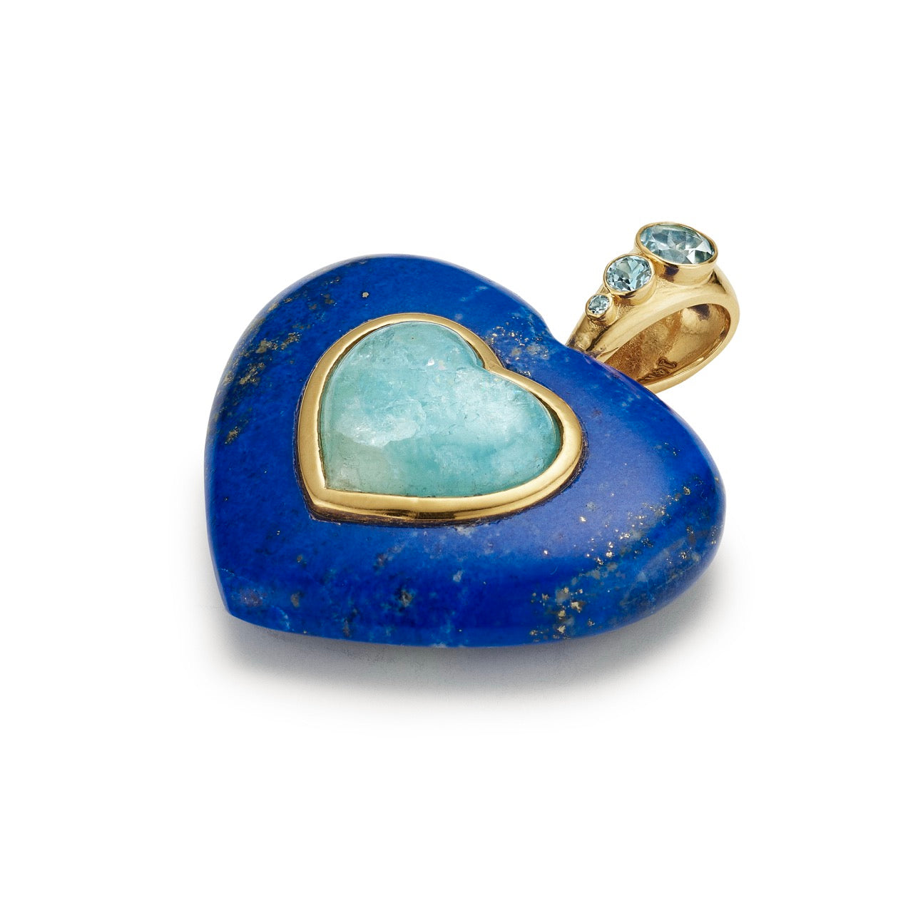 Heart-shaped jewelry piece with blue stone and gold accents on a white background