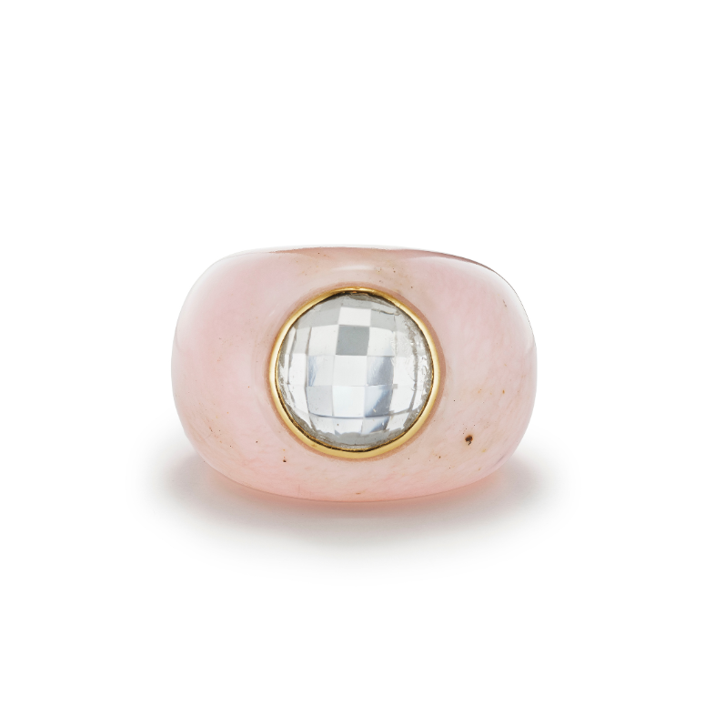 Sculptural Pink Opal Stone Ring with white topaz center stone