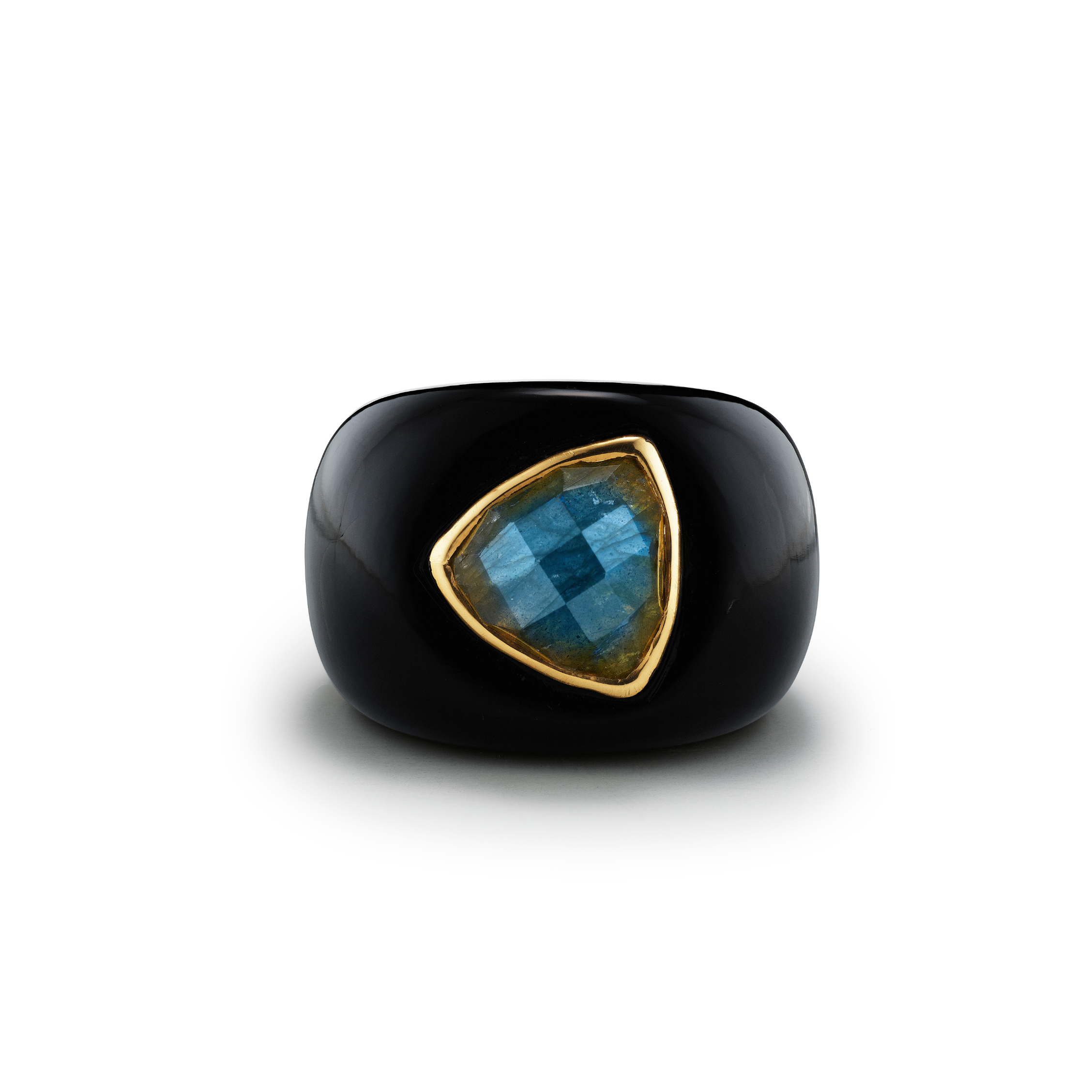 Black ring with a blue gemstone on a white background
