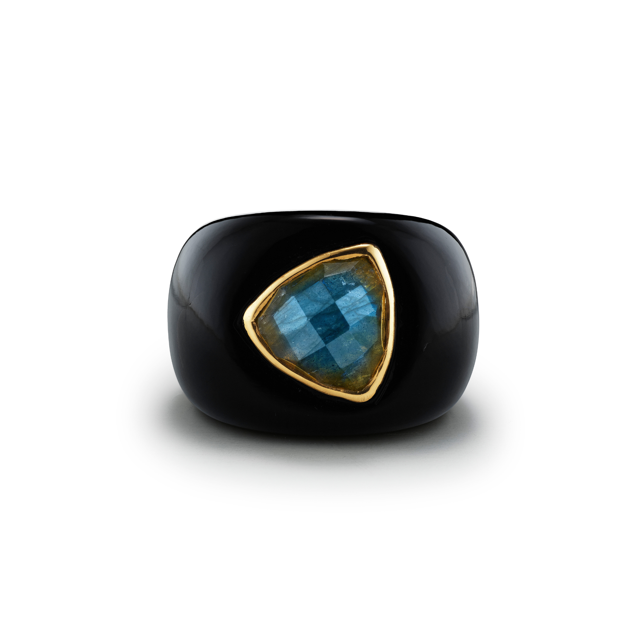 Black ring with a blue gemstone on a white background